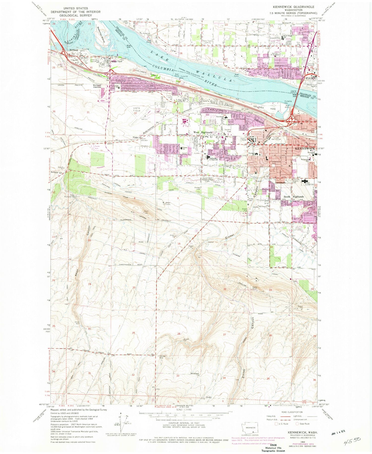 Classic USGS Kennewick Washington 7.5'x7.5' Topo Map Image