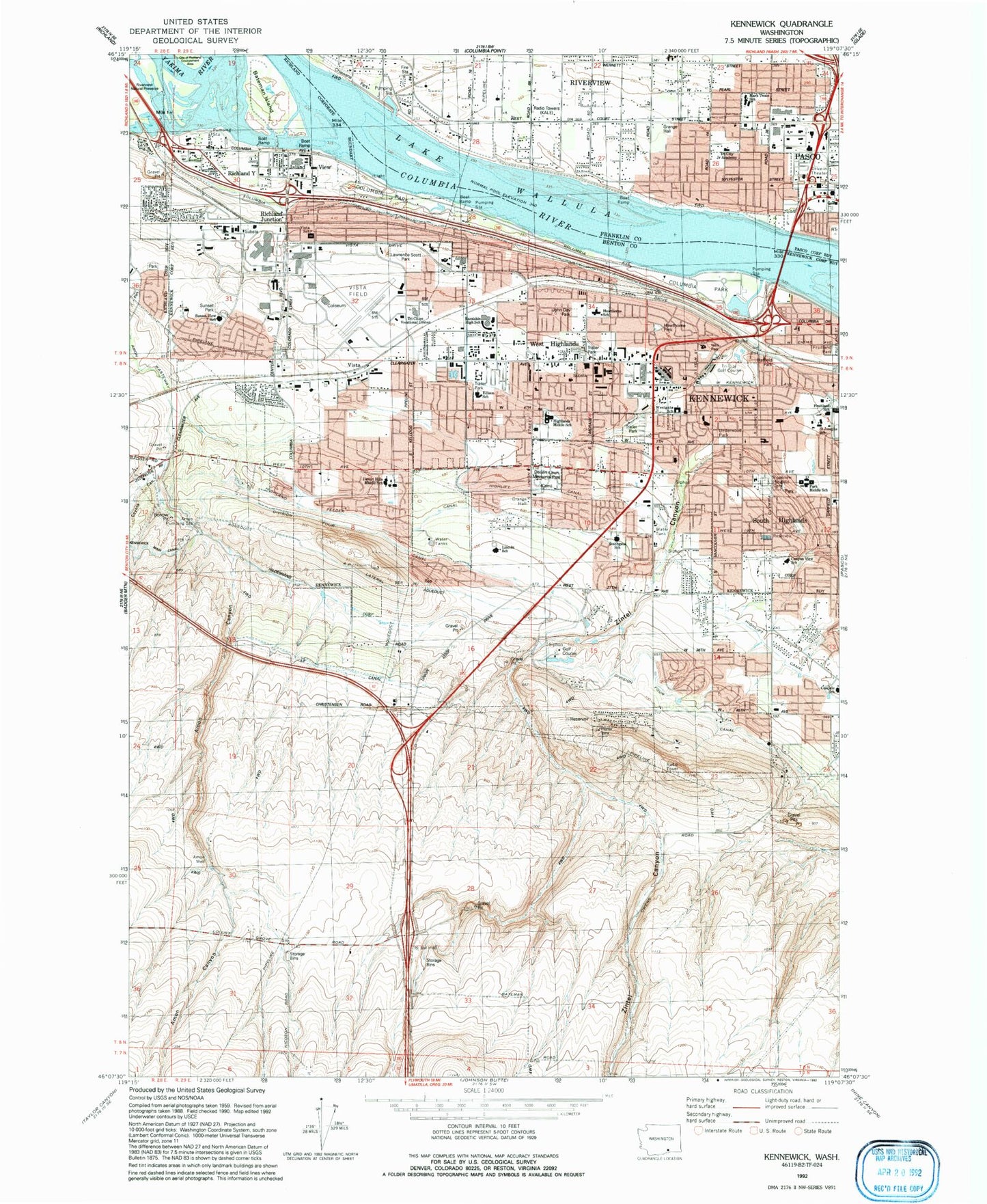 Classic USGS Kennewick Washington 7.5'x7.5' Topo Map Image