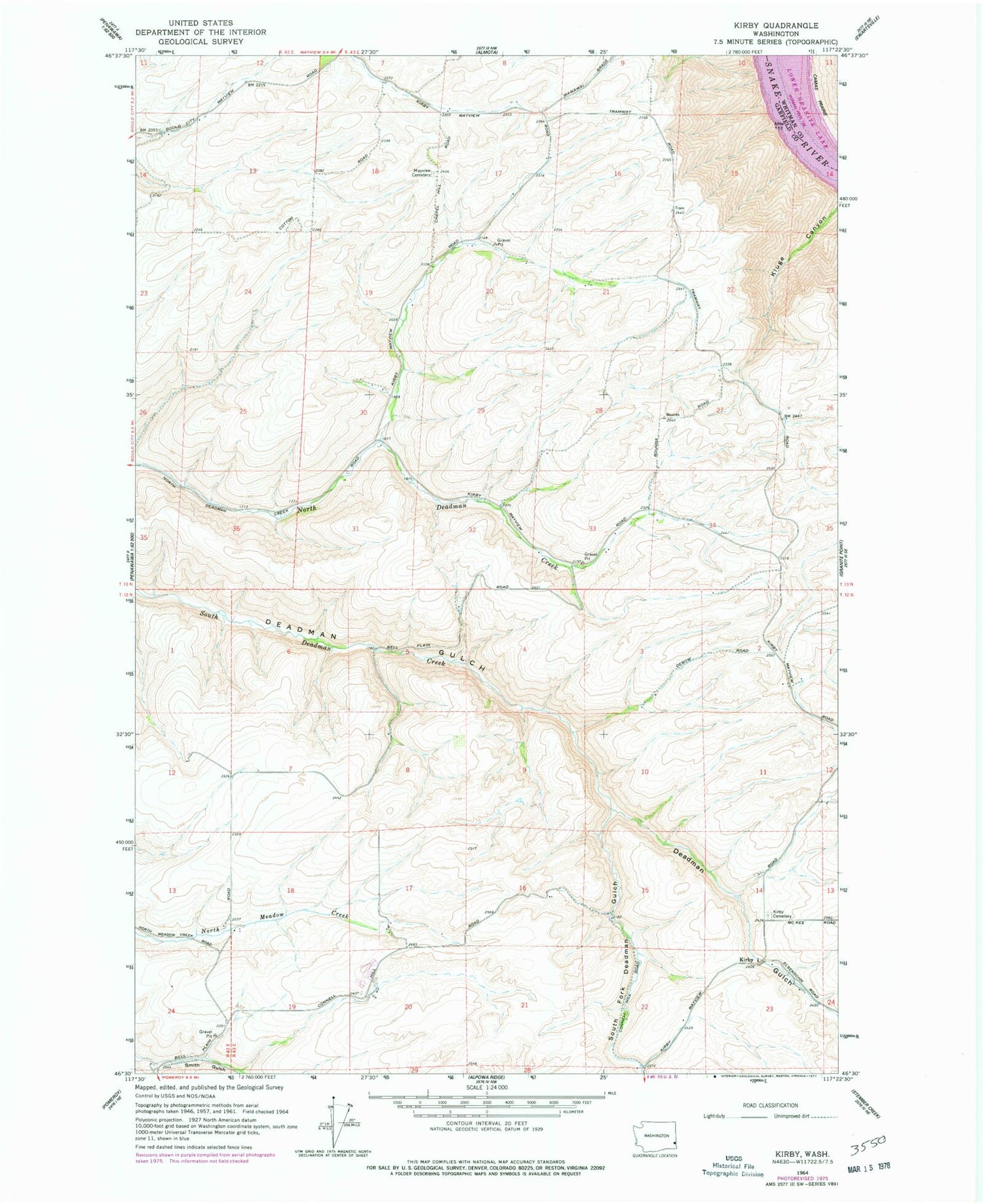 Classic USGS Kirby Washington 7.5'x7.5' Topo Map Image