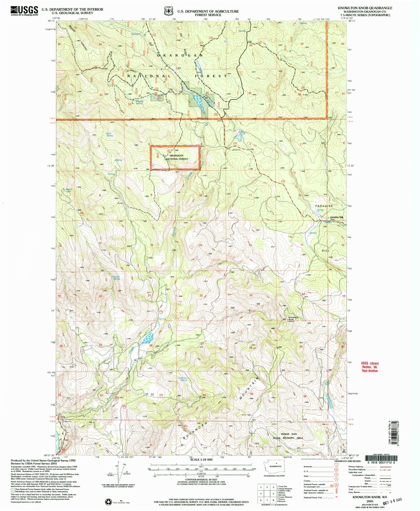 Classic USGS Knowlton Knob Washington 7.5'x7.5' Topo Map Image