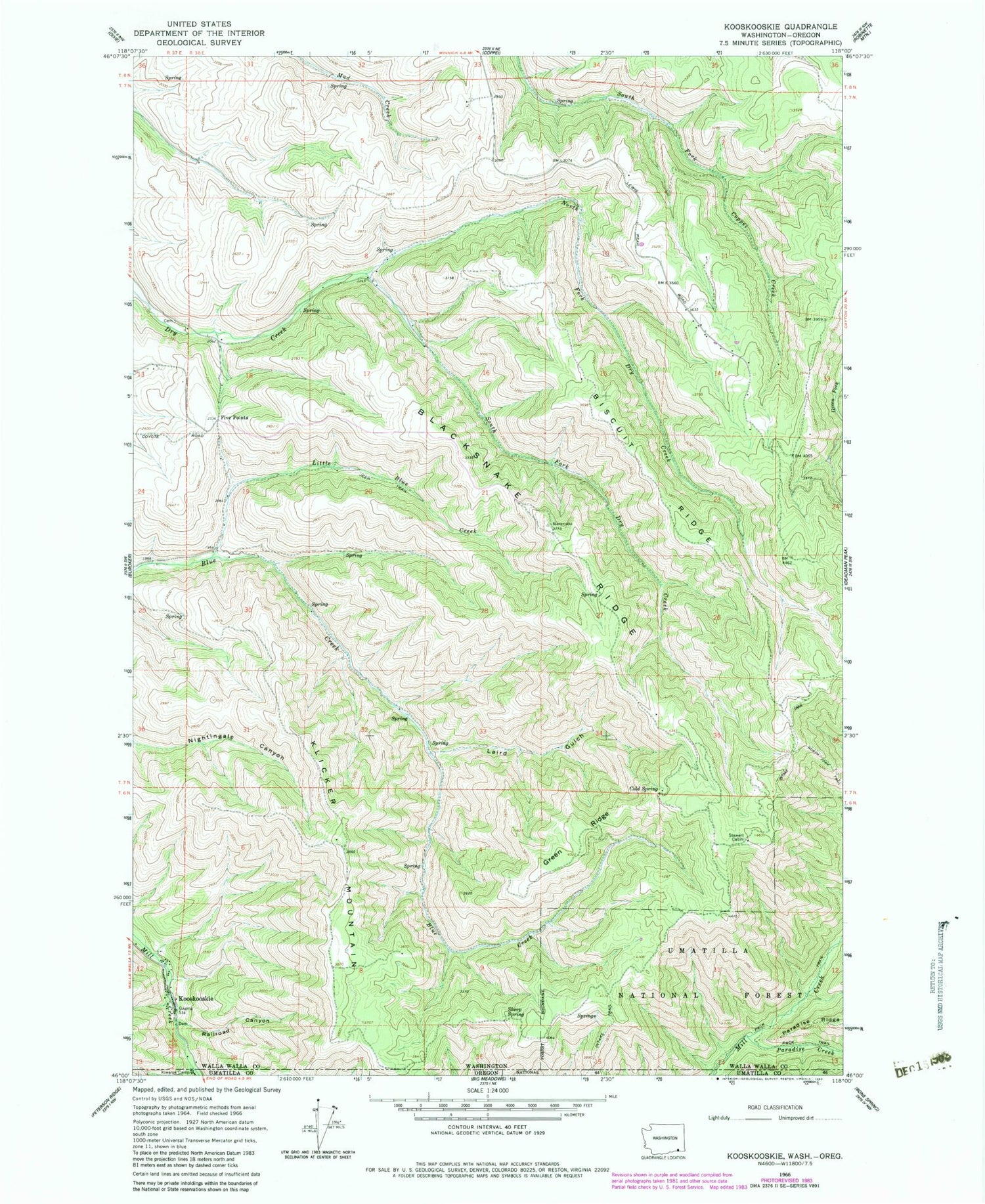 Classic USGS Kooskooskie Washington 7.5'x7.5' Topo Map Image