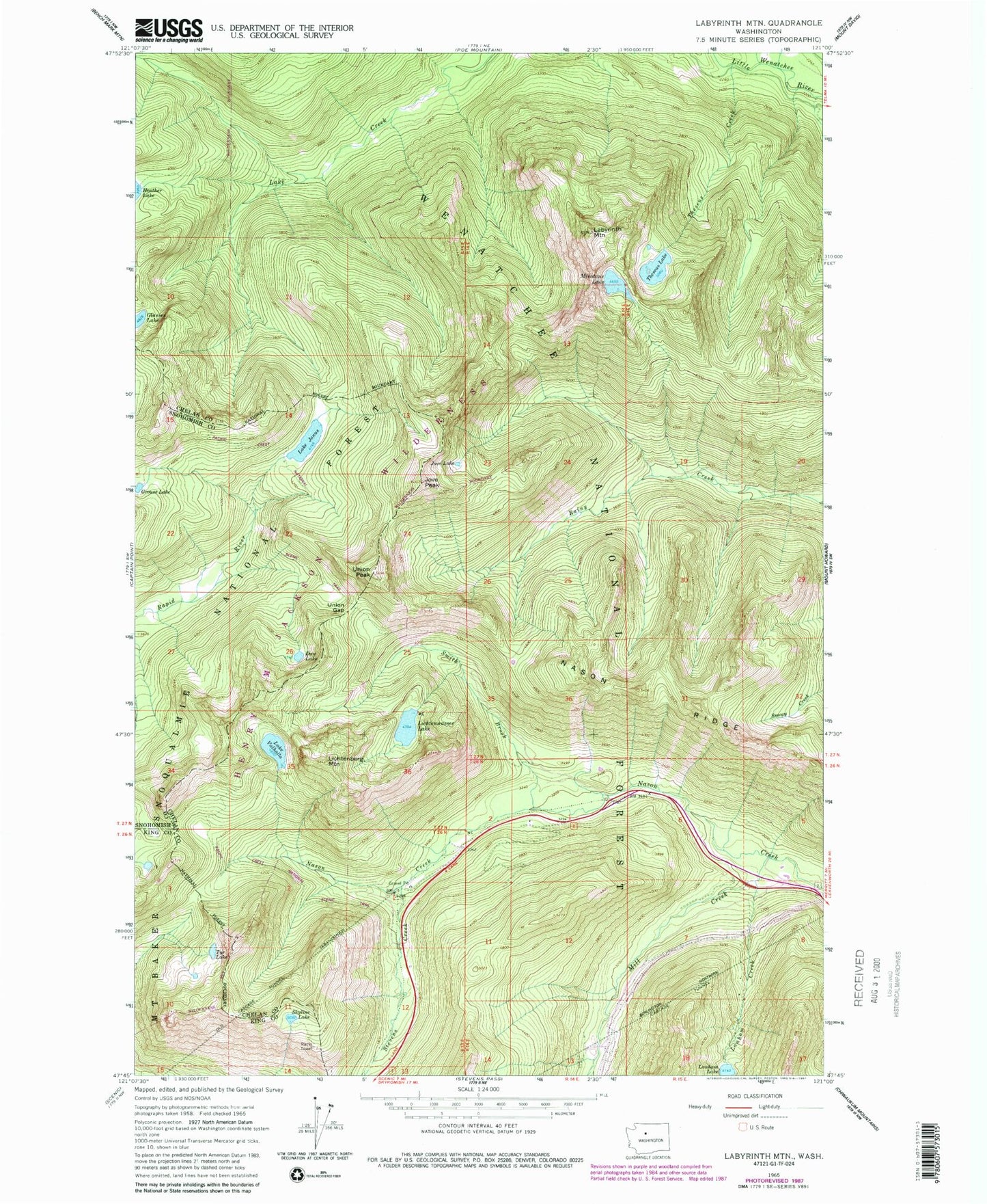 Classic USGS Labyrinth Mountain Washington 7.5'x7.5' Topo Map Image