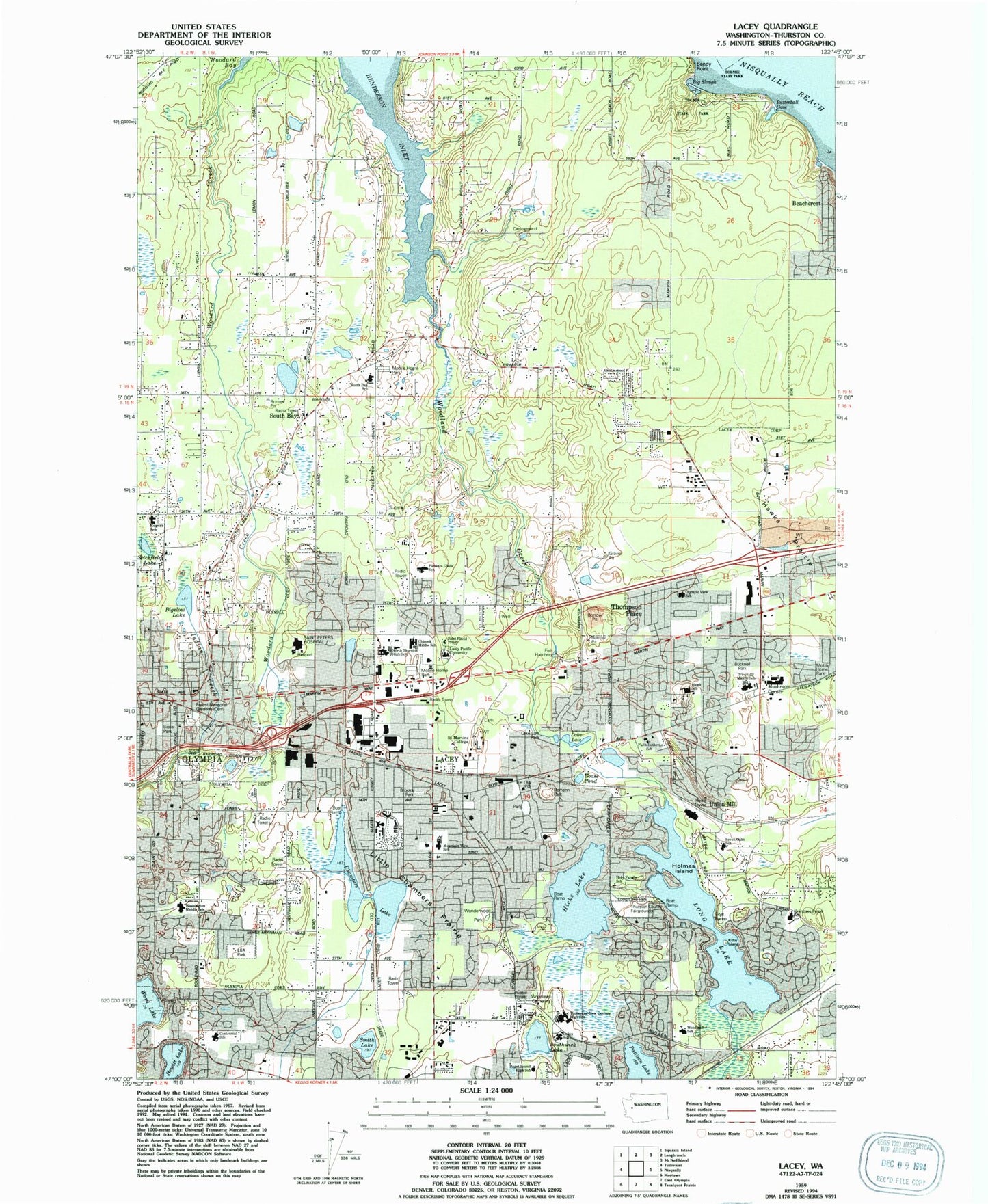 Classic USGS Lacey Washington 7.5'x7.5' Topo Map Image