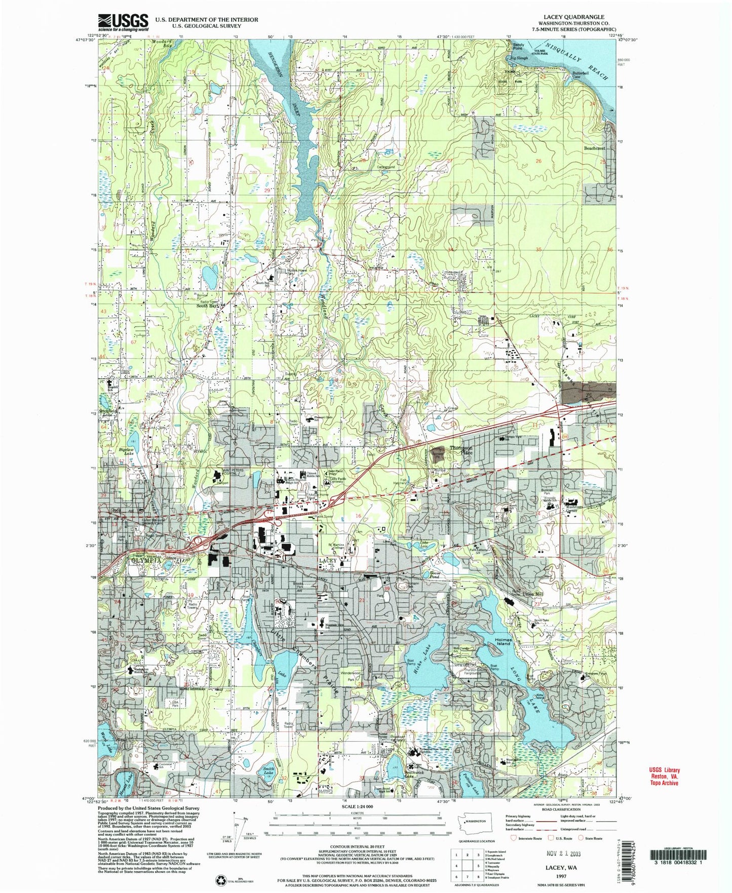 Classic USGS Lacey Washington 7.5'x7.5' Topo Map Image
