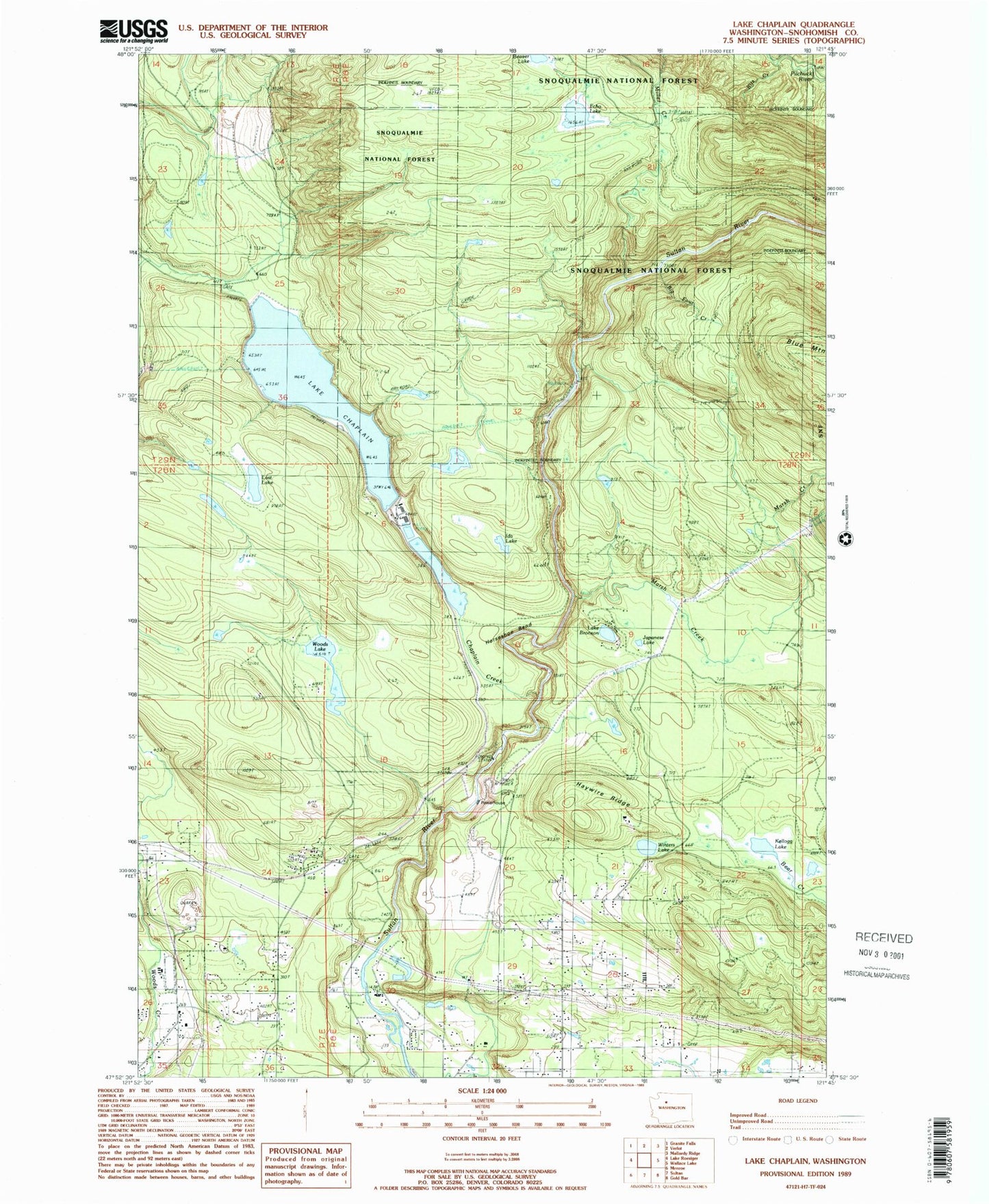 Classic USGS Lake Chaplain Washington 7.5'x7.5' Topo Map Image