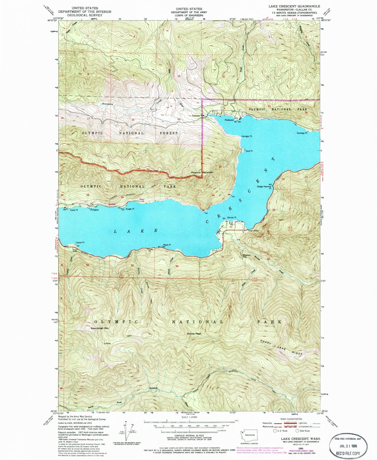 Classic USGS Lake Crescent Washington 7.5'x7.5' Topo Map Image