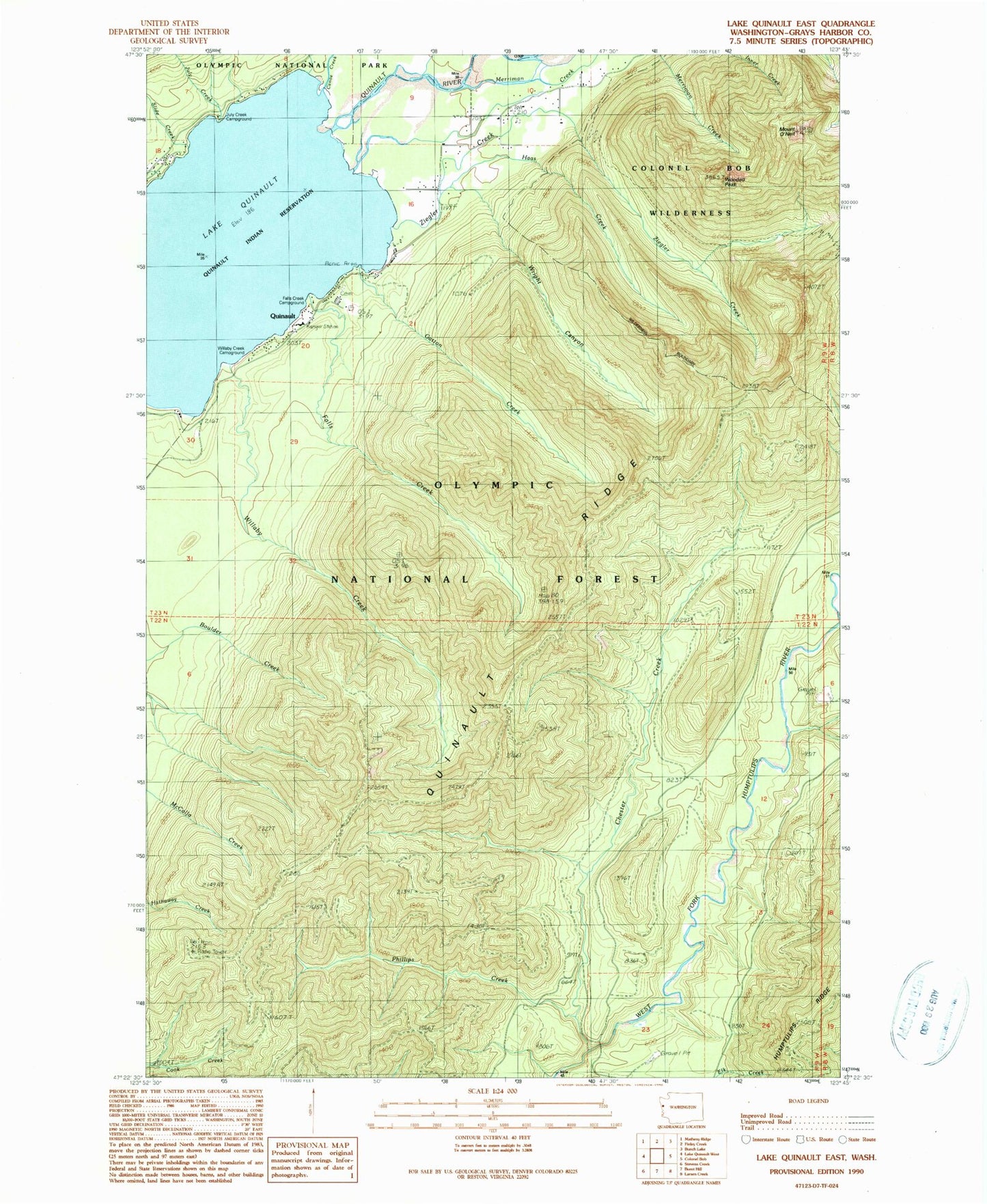 Classic USGS Lake Quinault East Washington 7.5'x7.5' Topo Map Image