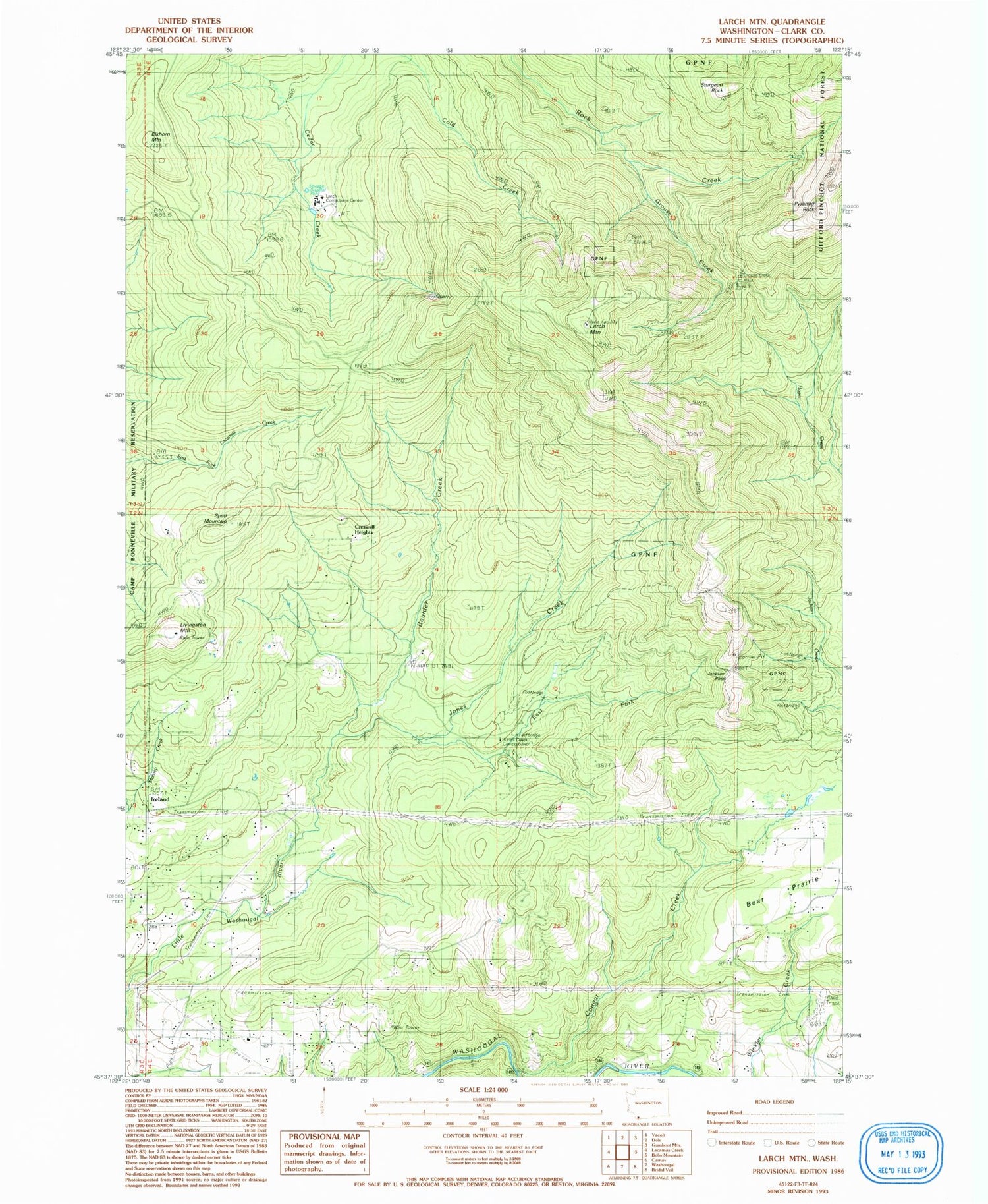 Classic USGS Larch Mountain Washington 7.5'x7.5' Topo Map Image