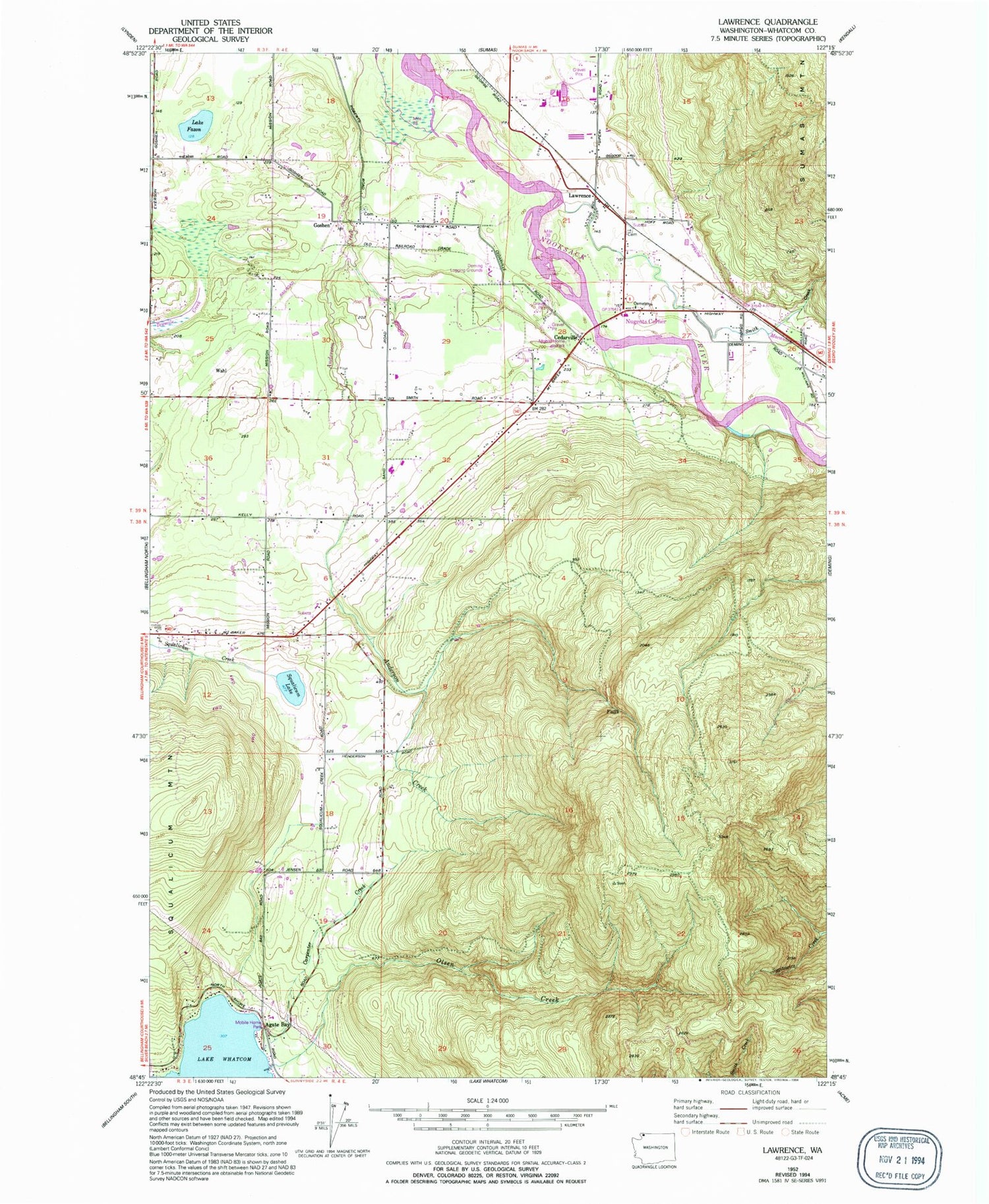 Classic USGS Lawrence Washington 7.5'x7.5' Topo Map Image