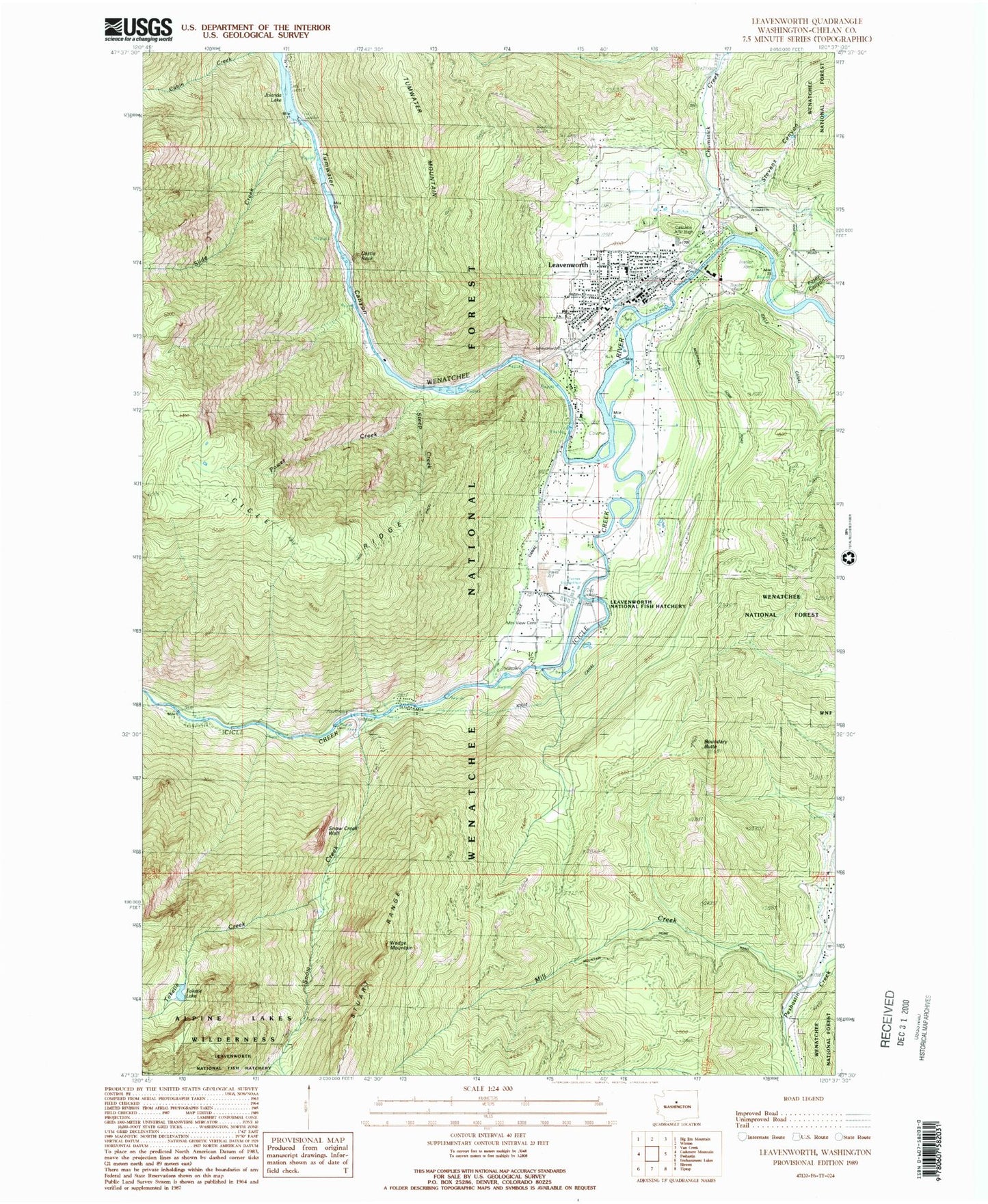 Classic USGS Leavenworth Washington 7.5'x7.5' Topo Map Image