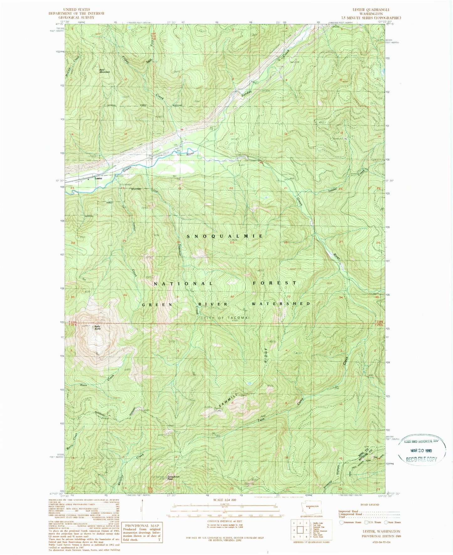 Classic USGS Lester Washington 7.5'x7.5' Topo Map Image