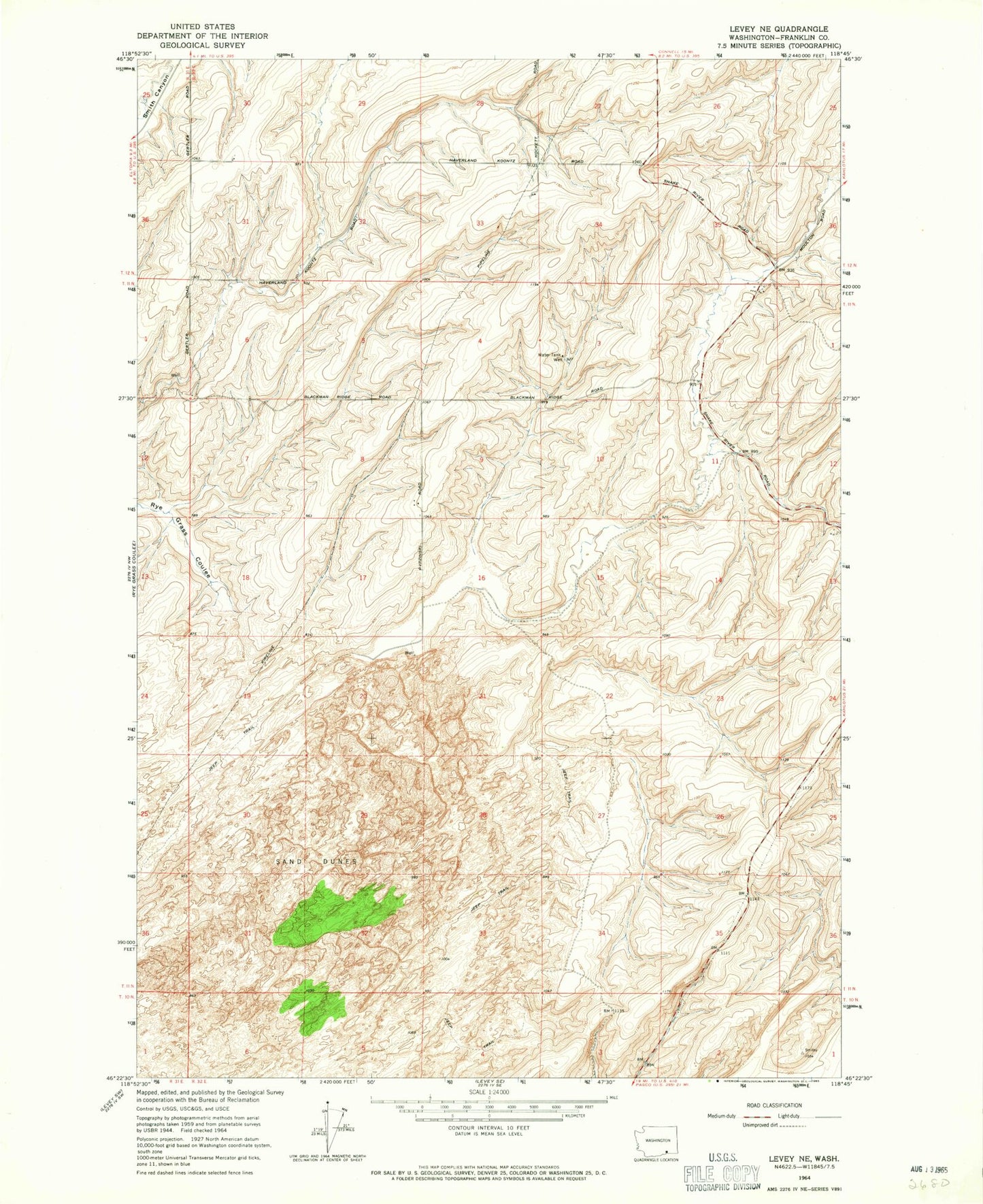 Classic USGS Levey NE Washington 7.5'x7.5' Topo Map Image