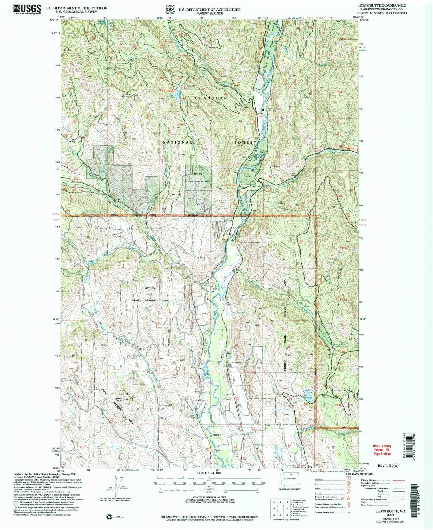 Classic USGS Lewis Butte Washington 7.5'x7.5' Topo Map Image