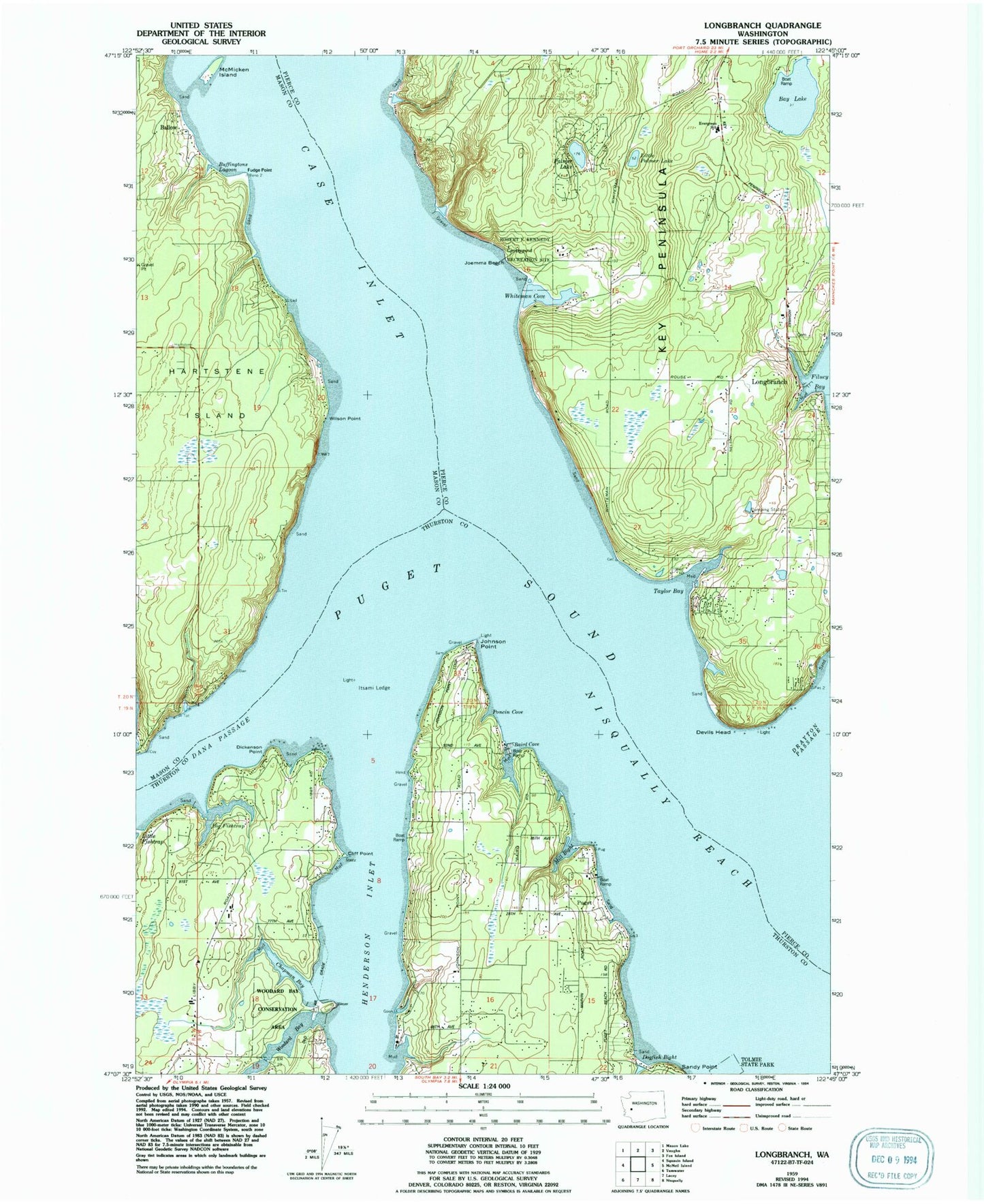 Classic USGS Longbranch Washington 7.5'x7.5' Topo Map Image