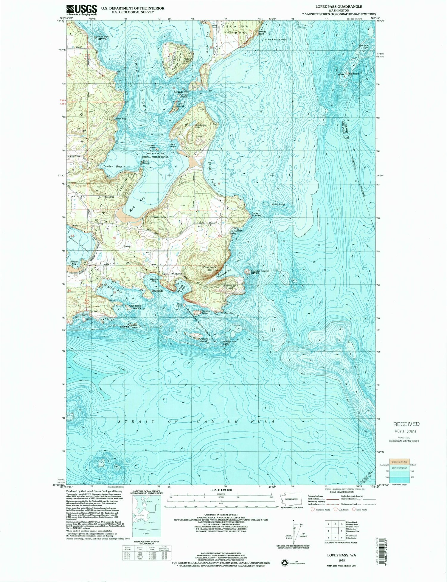 Classic USGS Lopez Pass Washington 7.5'x7.5' Topo Map Image