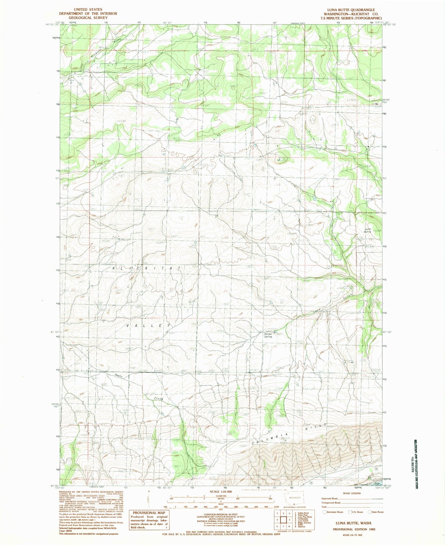 Classic USGS Luna Butte Washington 7.5'x7.5' Topo Map Image