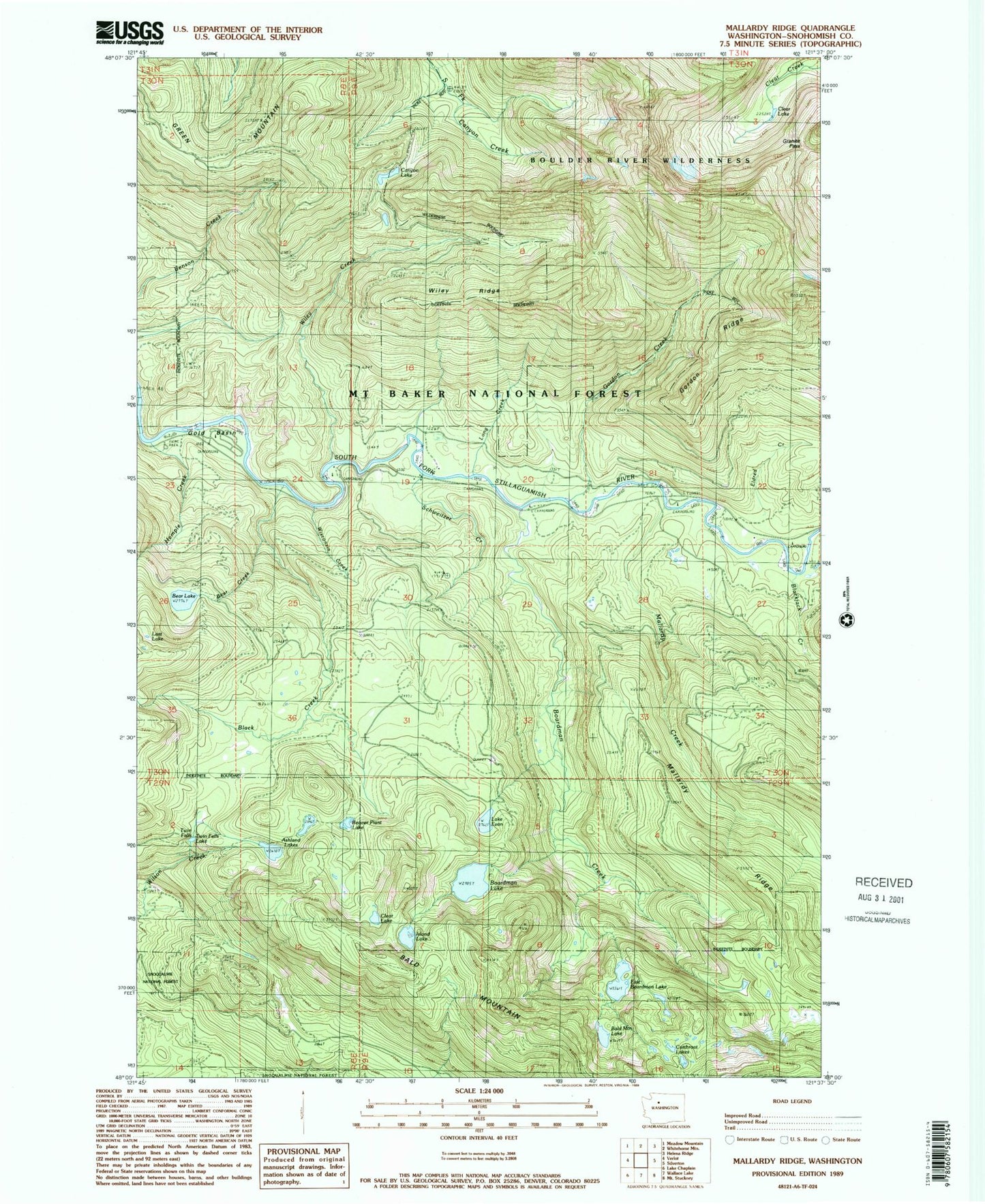 Classic USGS Mallardy Ridge Washington 7.5'x7.5' Topo Map Image