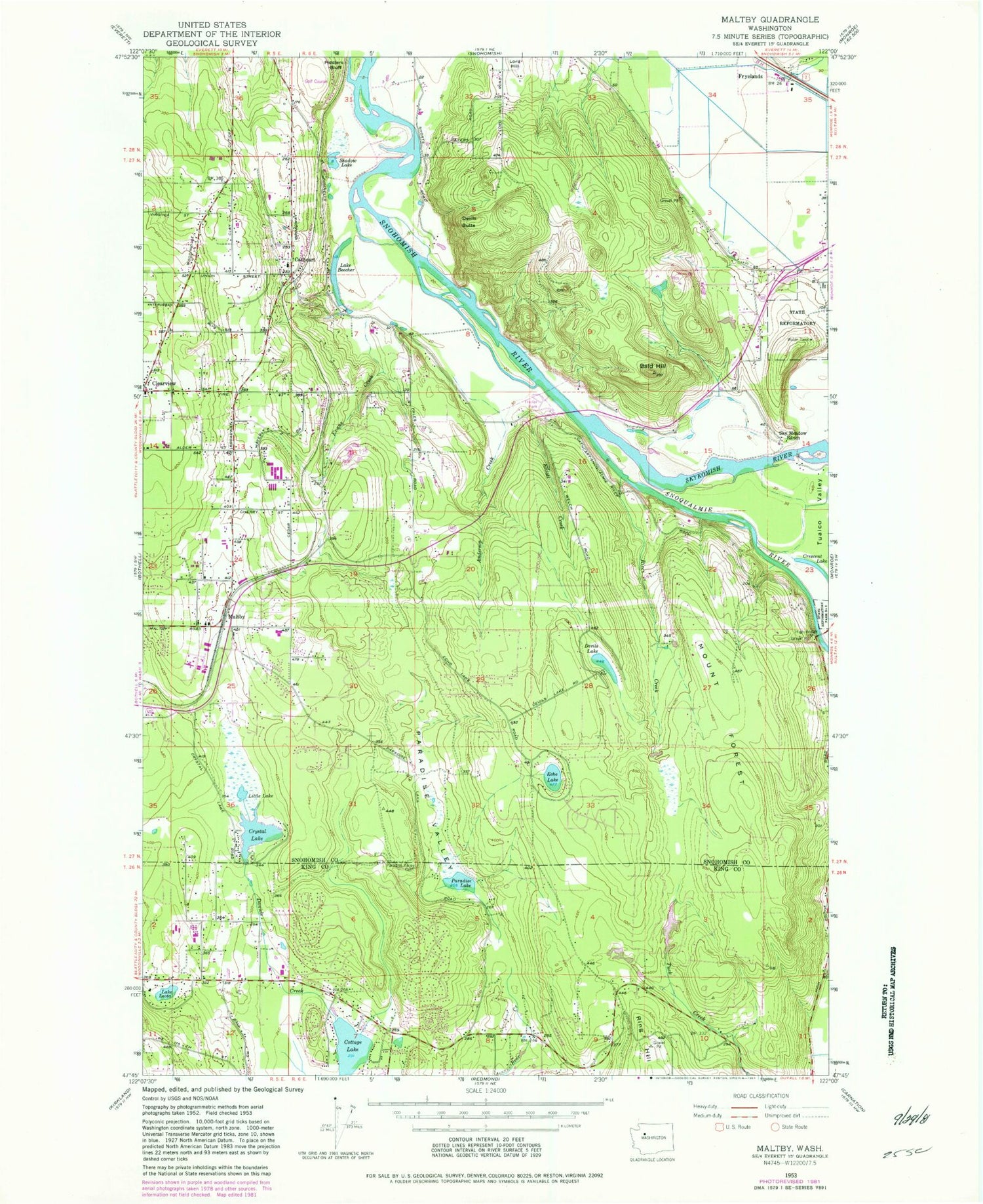 Classic USGS Maltby Washington 7.5'x7.5' Topo Map Image