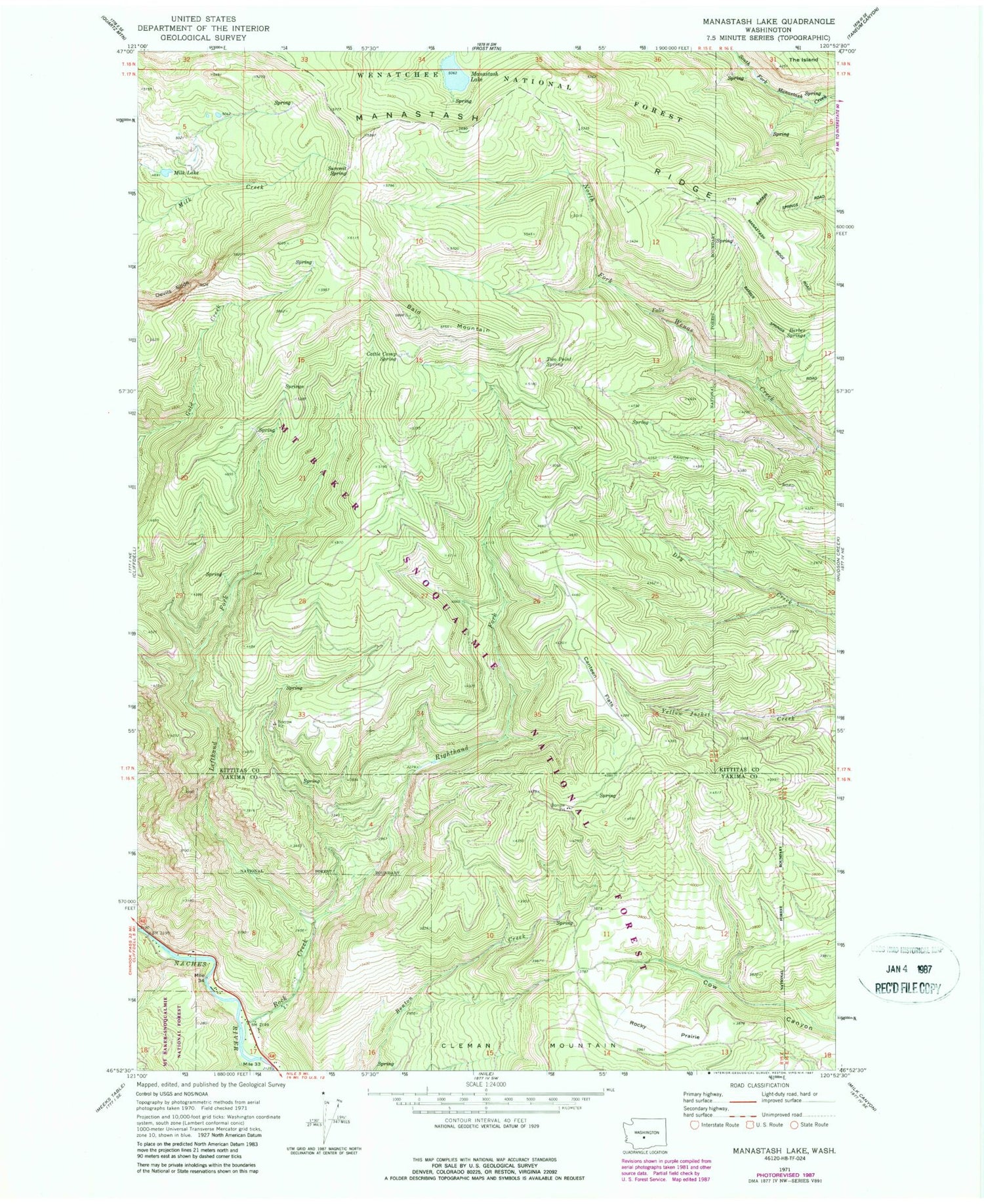 Classic USGS Manastash Lake Washington 7.5'x7.5' Topo Map Image