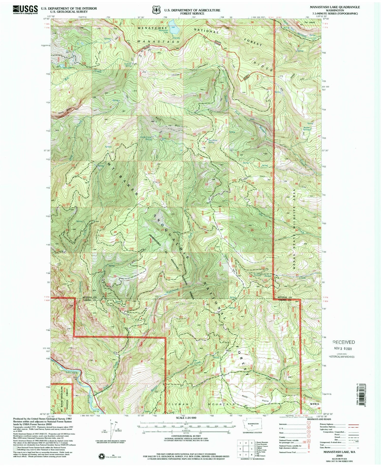 Classic USGS Manastash Lake Washington 7.5'x7.5' Topo Map Image