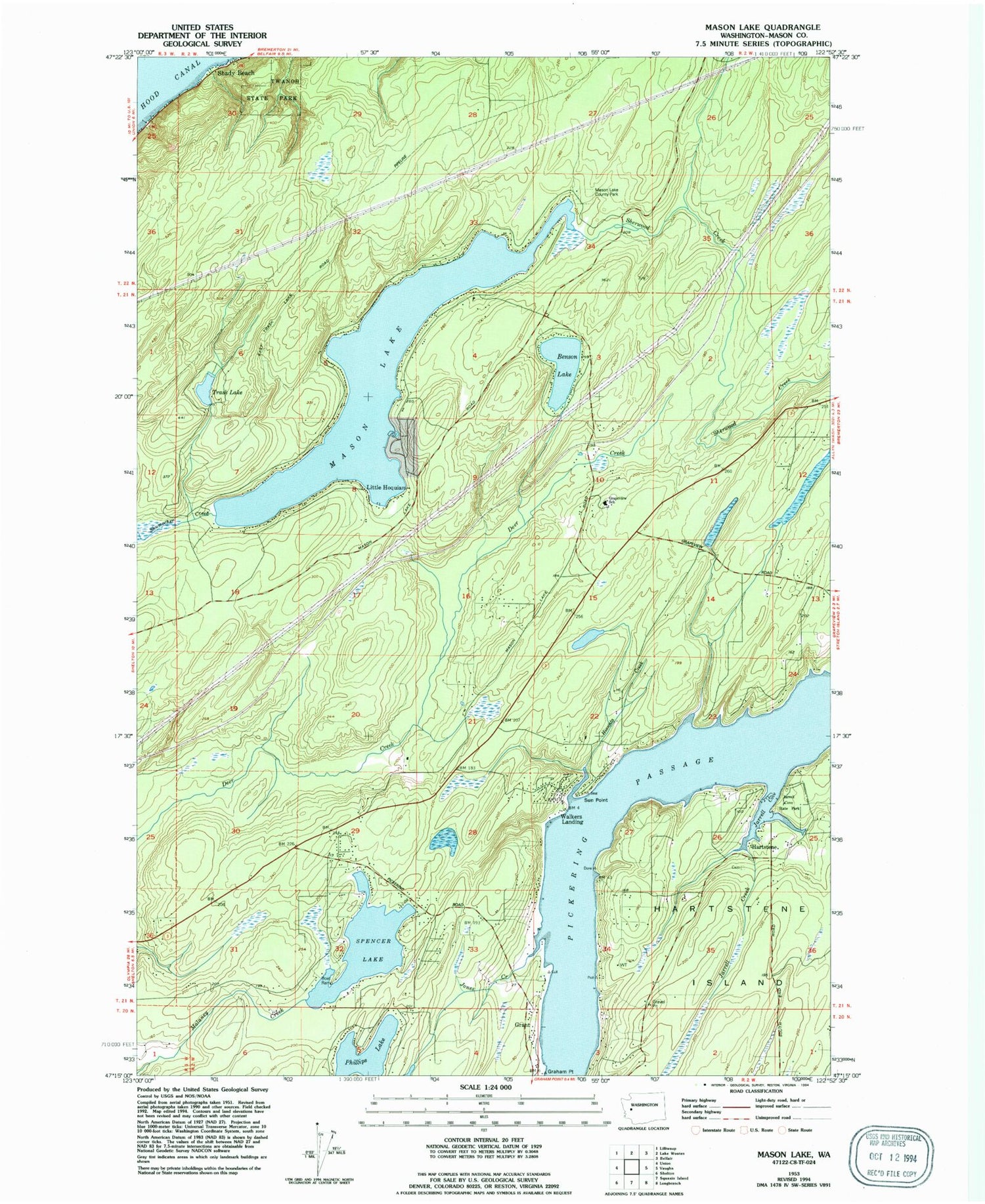 Classic USGS Mason Lake Washington 7.5'x7.5' Topo Map Image