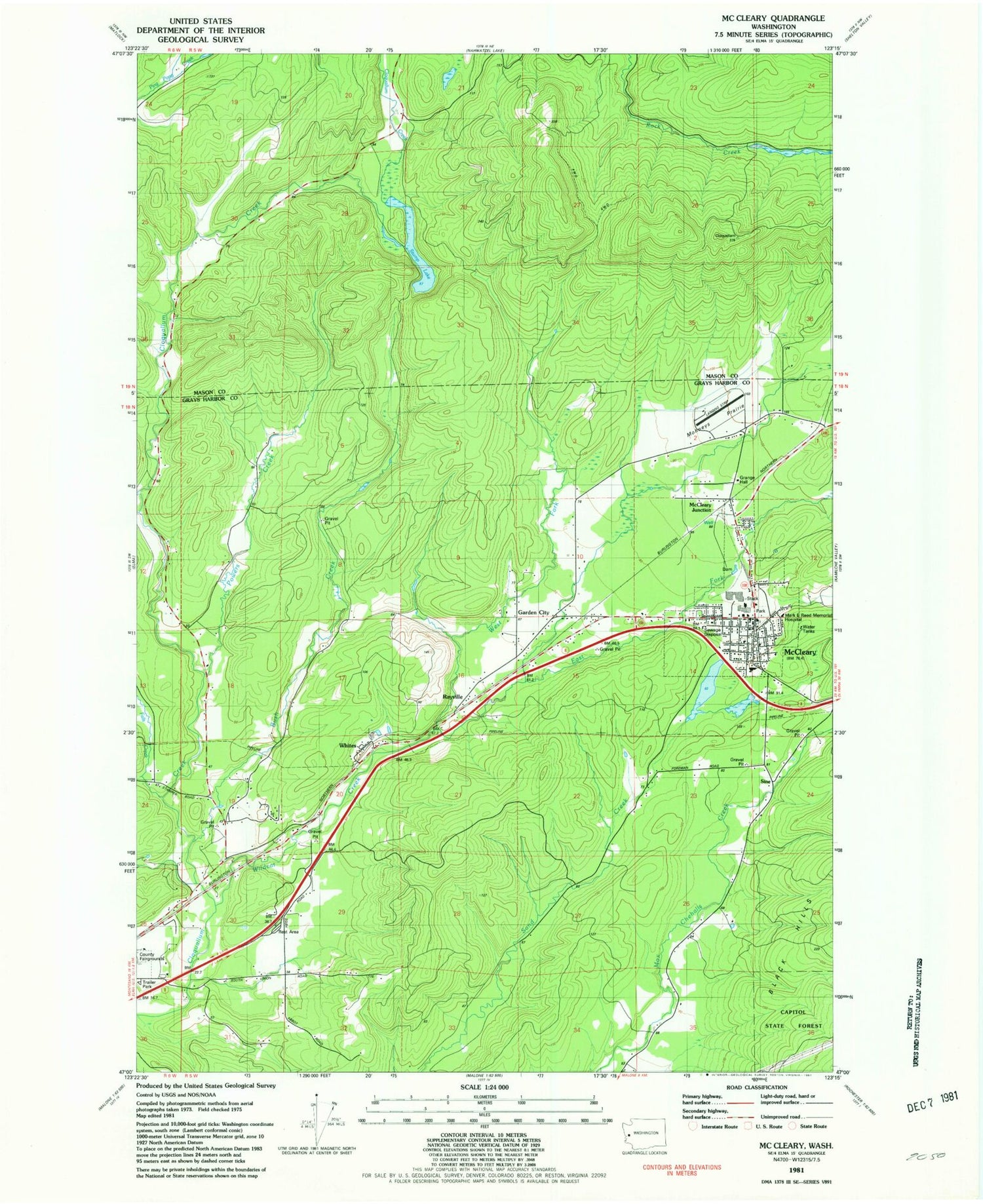 Classic USGS McCleary Washington 7.5'x7.5' Topo Map Image