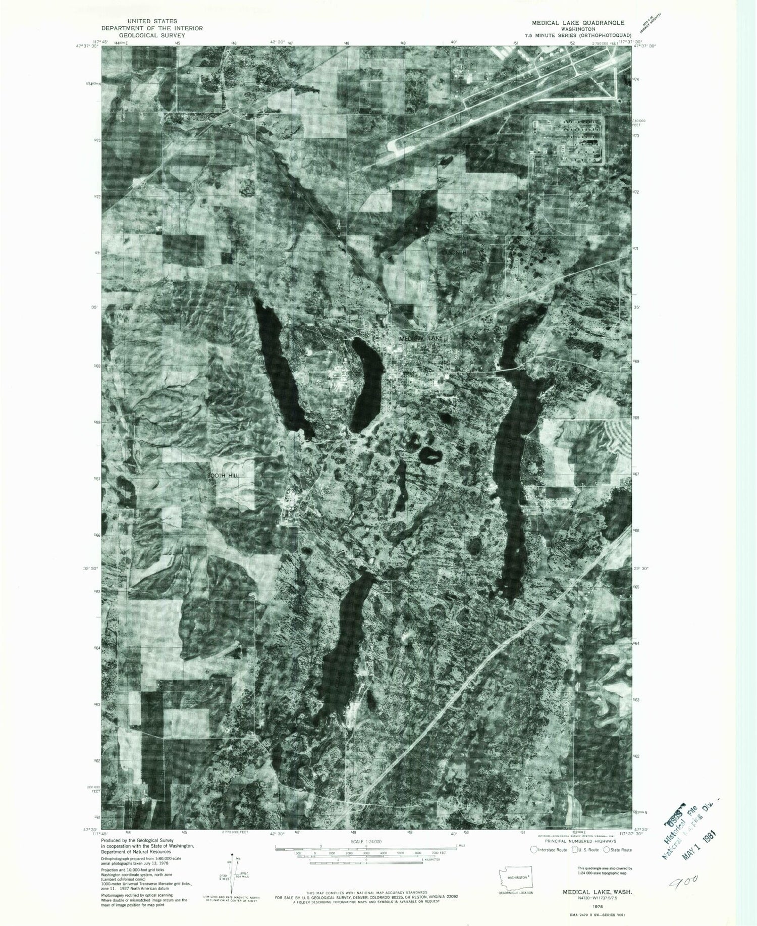 Classic USGS Medical Lake Washington 7.5'x7.5' Topo Map Image
