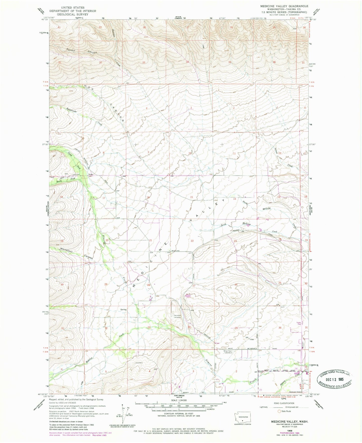 Classic USGS Medicine Valley Washington 7.5'x7.5' Topo Map Image