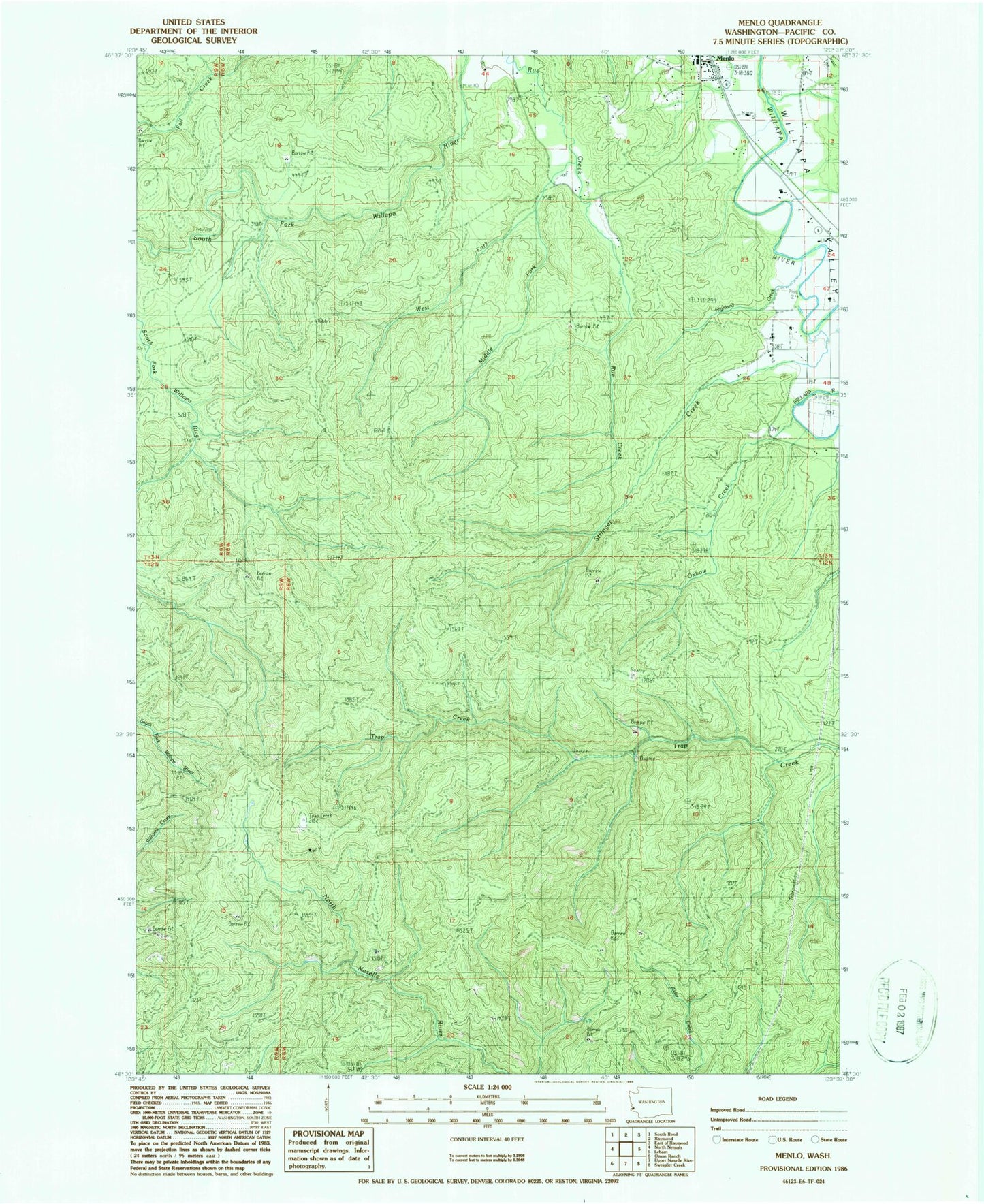 Classic USGS Menlo Washington 7.5'x7.5' Topo Map Image
