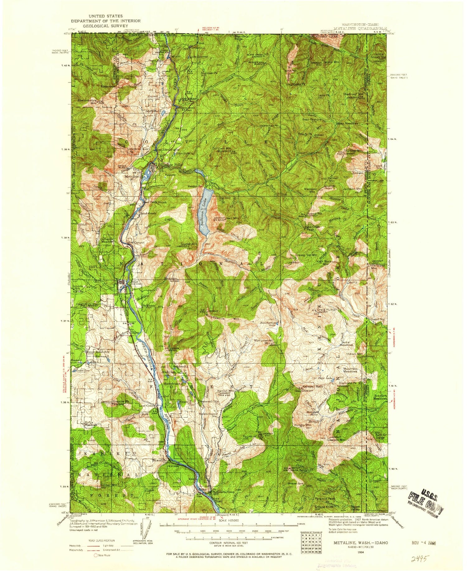 Historic 1934 Metaline Washington 30'x30' Topo Map Image