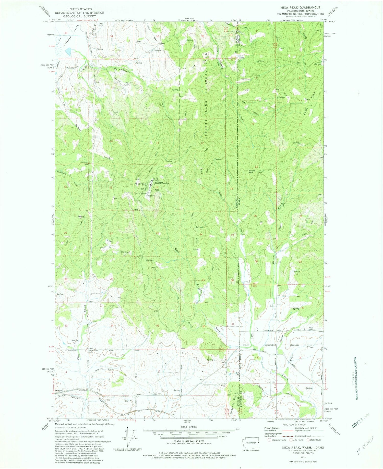 Classic USGS Mica Peak Washington 7.5'x7.5' Topo Map Image