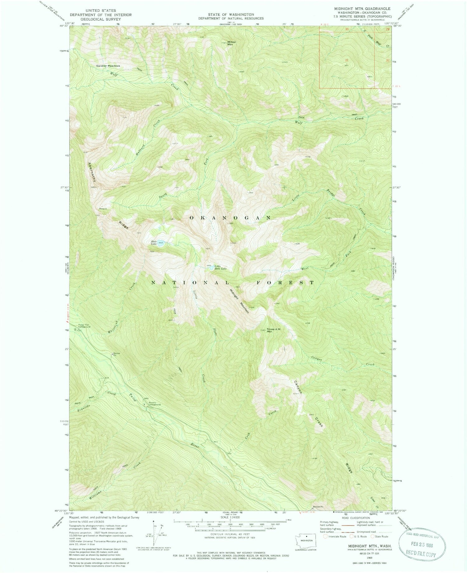Classic USGS Midnight Mountain Washington 7.5'x7.5' Topo Map Image