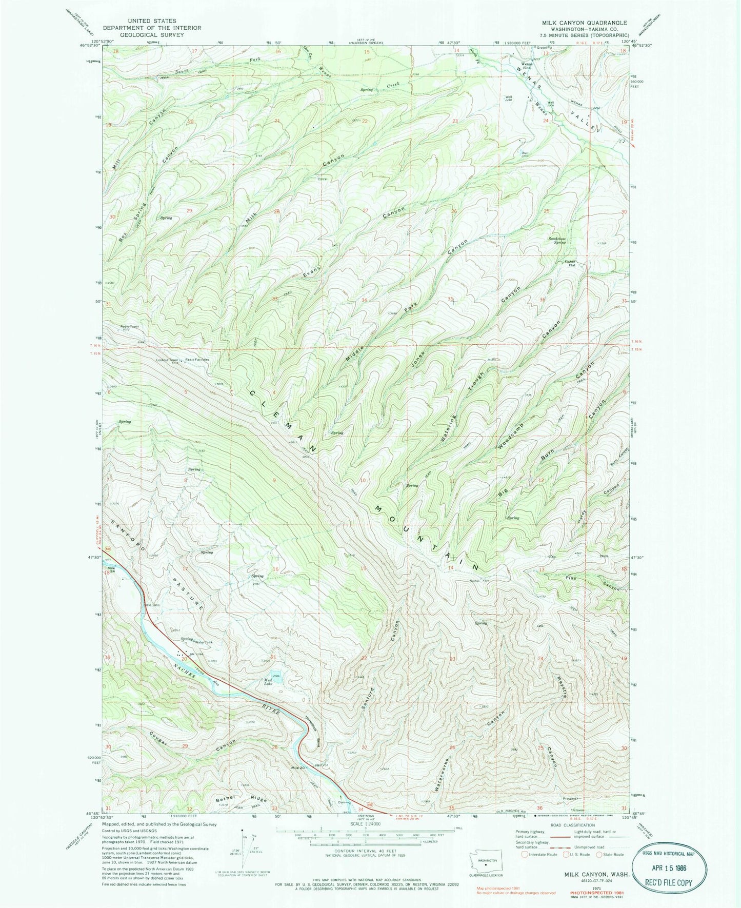 Classic USGS Milk Canyon Washington 7.5'x7.5' Topo Map Image