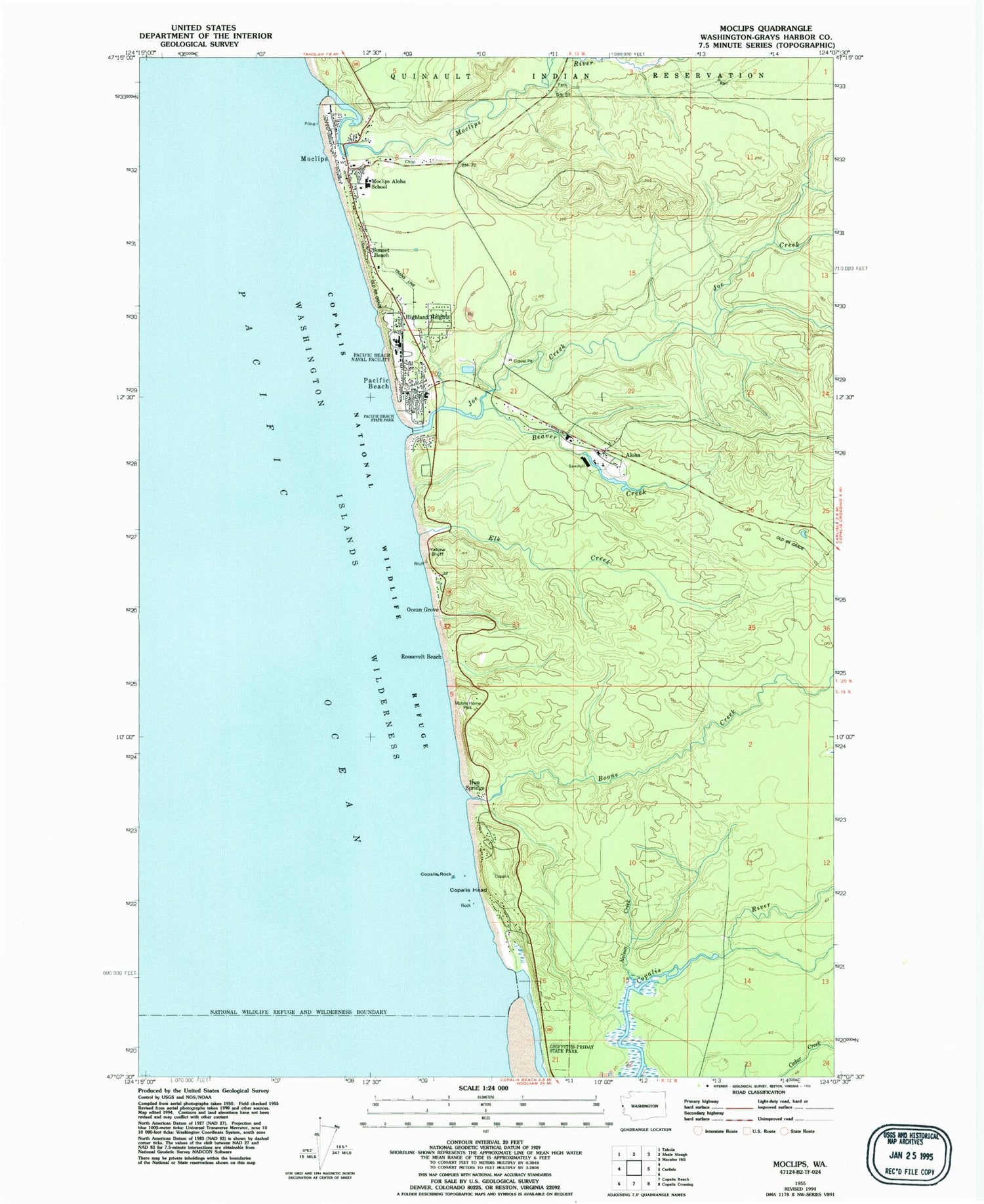 Classic USGS Moclips Washington 7.5'x7.5' Topo Map Image