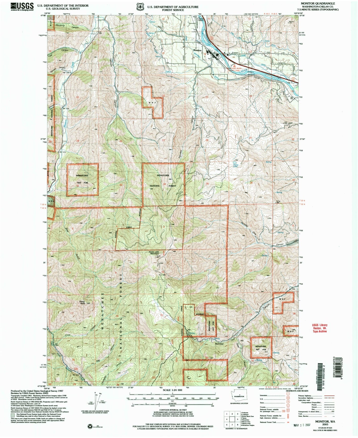 Classic USGS Monitor Washington 7.5'x7.5' Topo Map Image