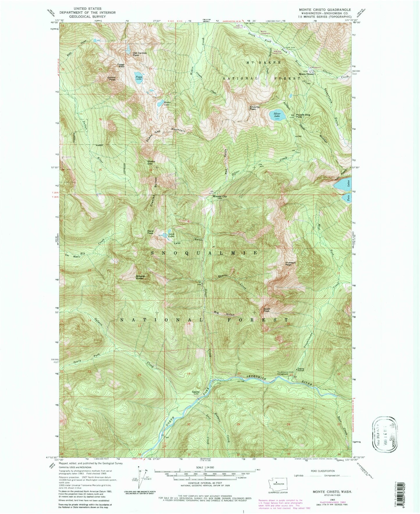 Classic USGS Monte Cristo Washington 7.5'x7.5' Topo Map Image