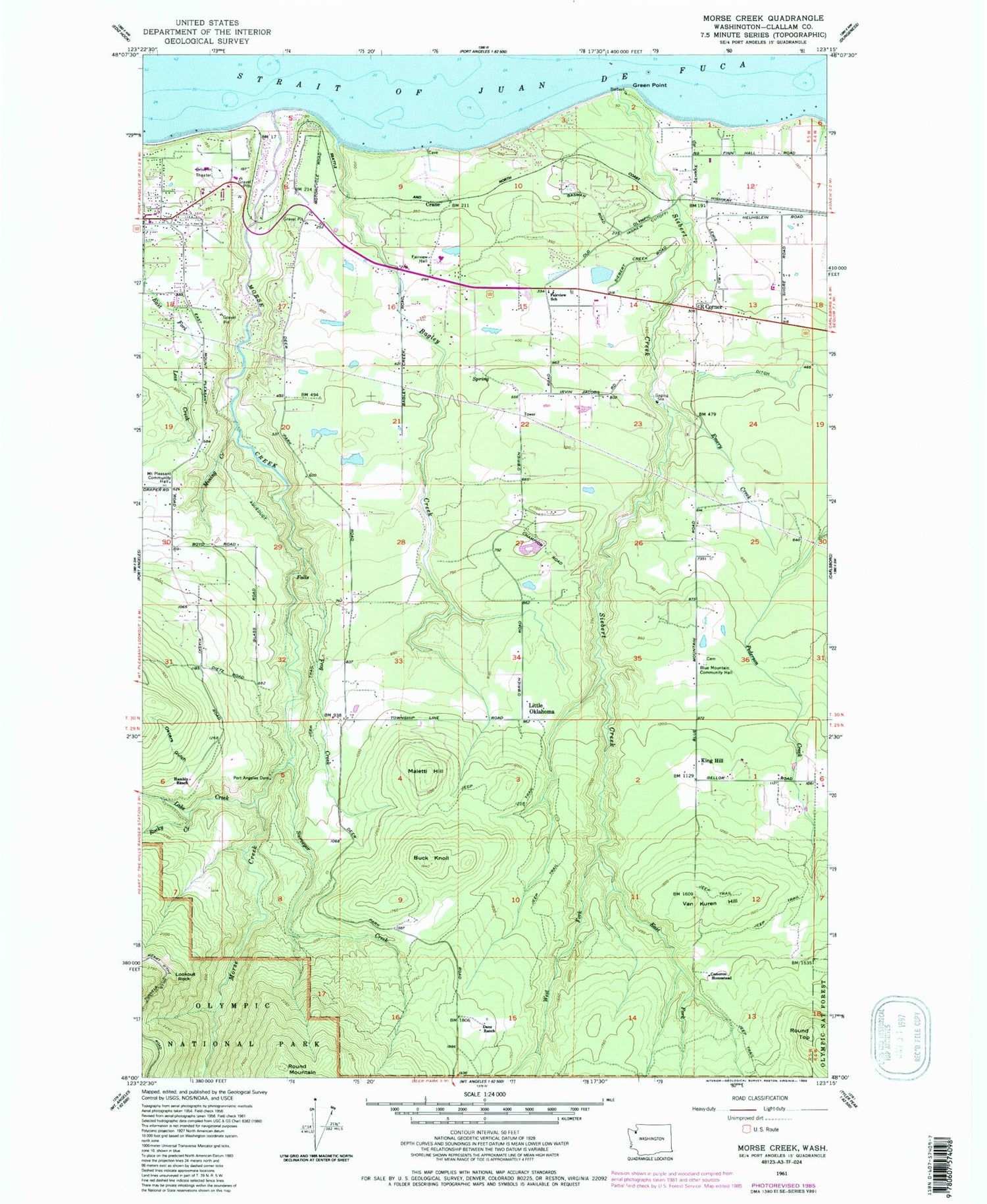 Classic USGS Morse Creek Washington 7.5'x7.5' Topo Map Image