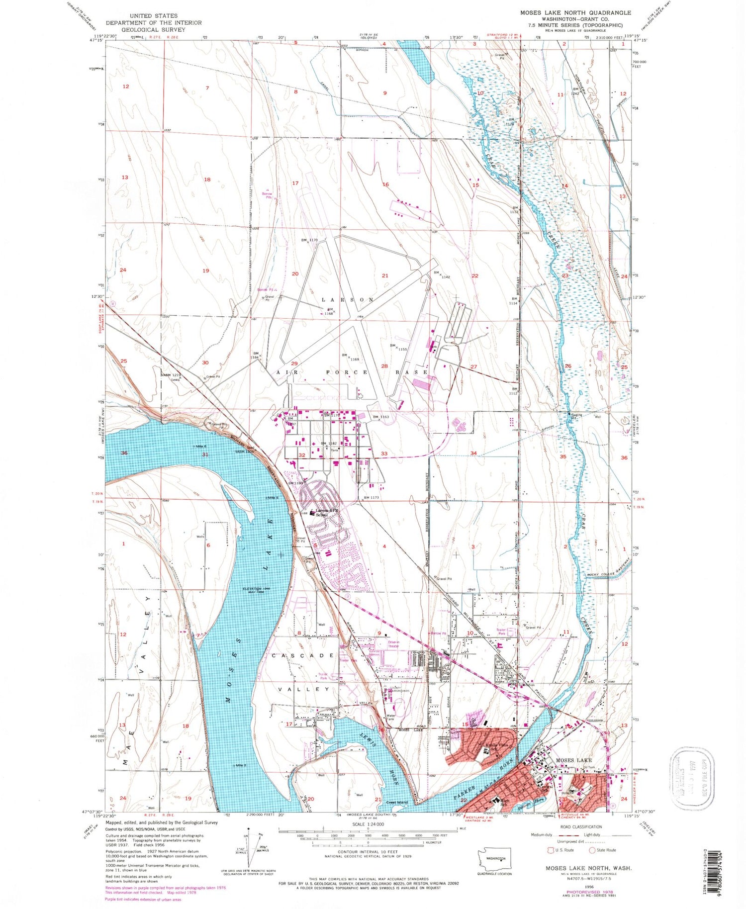 Classic USGS Moses Lake North Washington 7.5'x7.5' Topo Map Image