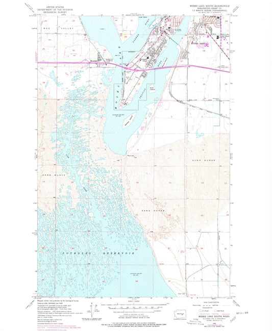 Classic USGS Moses Lake South Washington 7.5'x7.5' Topo Map Image