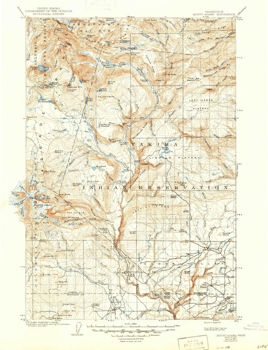 Historic 1907 Mount Adams Washington 30'x30' Topo Map Image