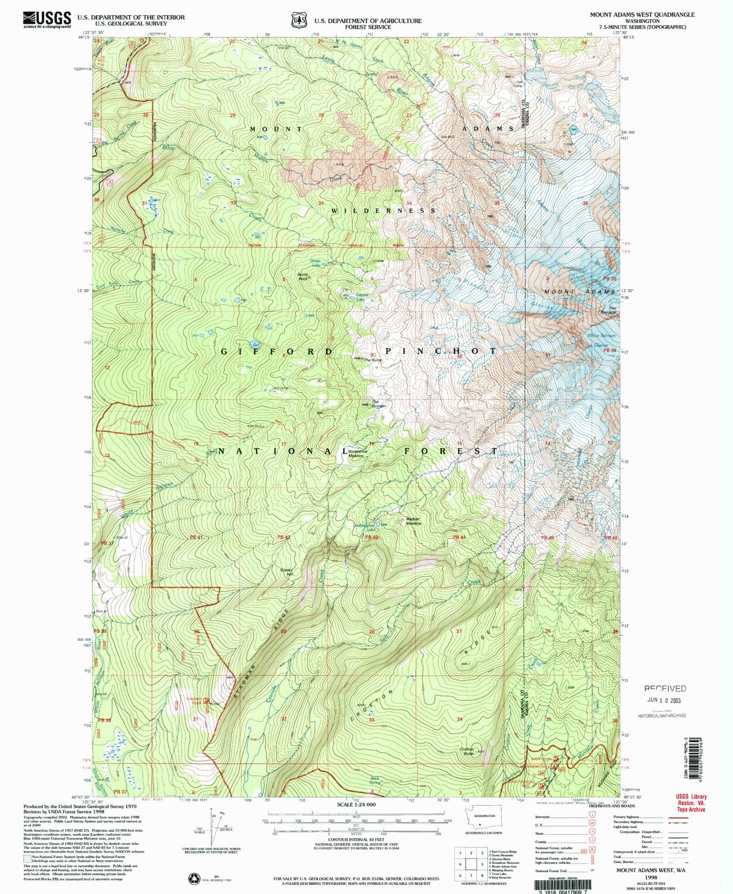Classic USGS Mount Adams West Washington 7.5'x7.5' Topo Map Image