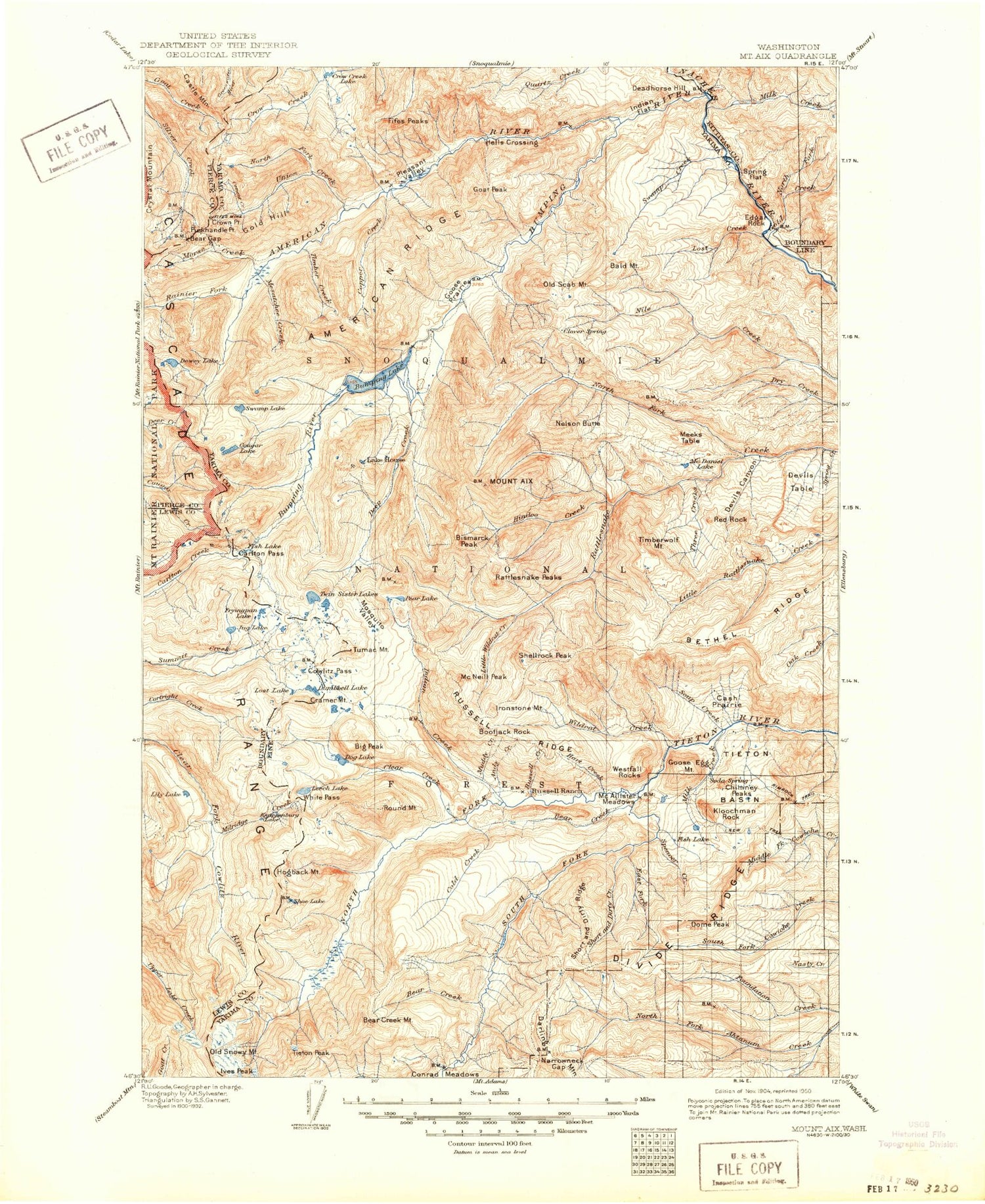 Historic 1904 Mount Aix Washington 30'x30' Topo Map Image