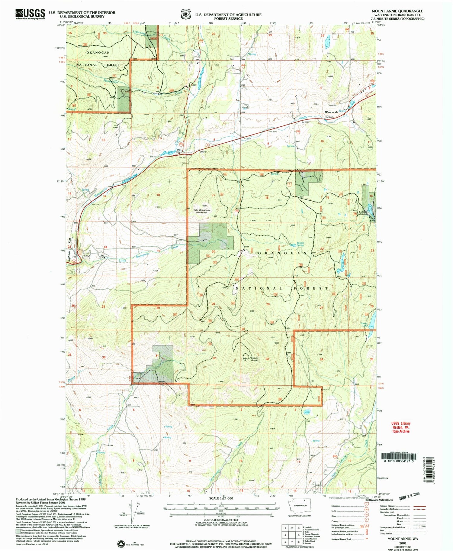 Classic USGS Mount Annie Washington 7.5'x7.5' Topo Map Image