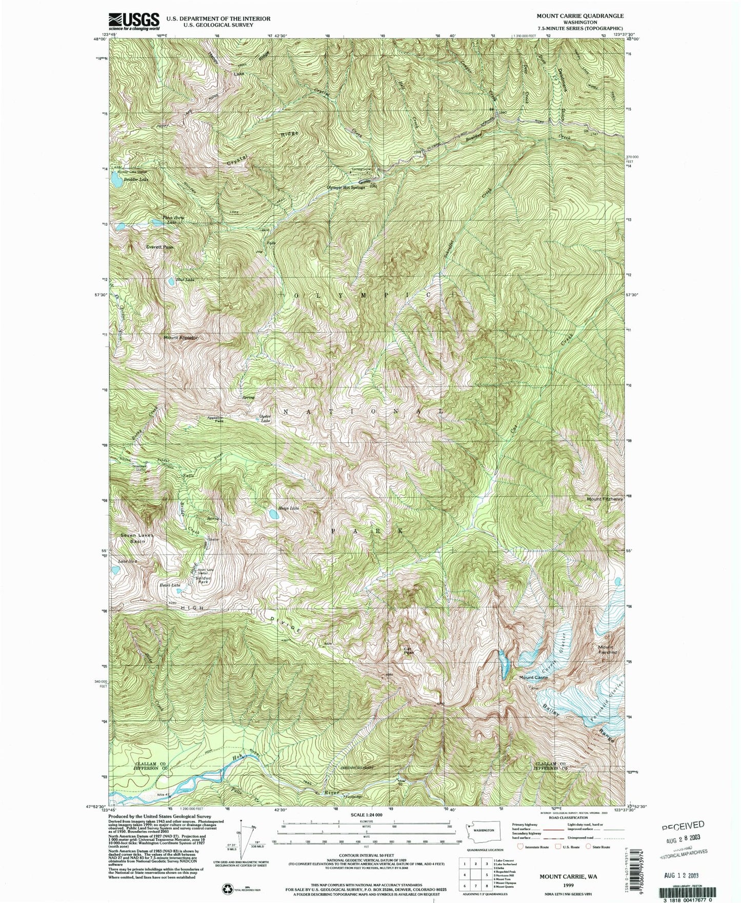 Classic USGS Mount Carrie Washington 7.5'x7.5' Topo Map Image
