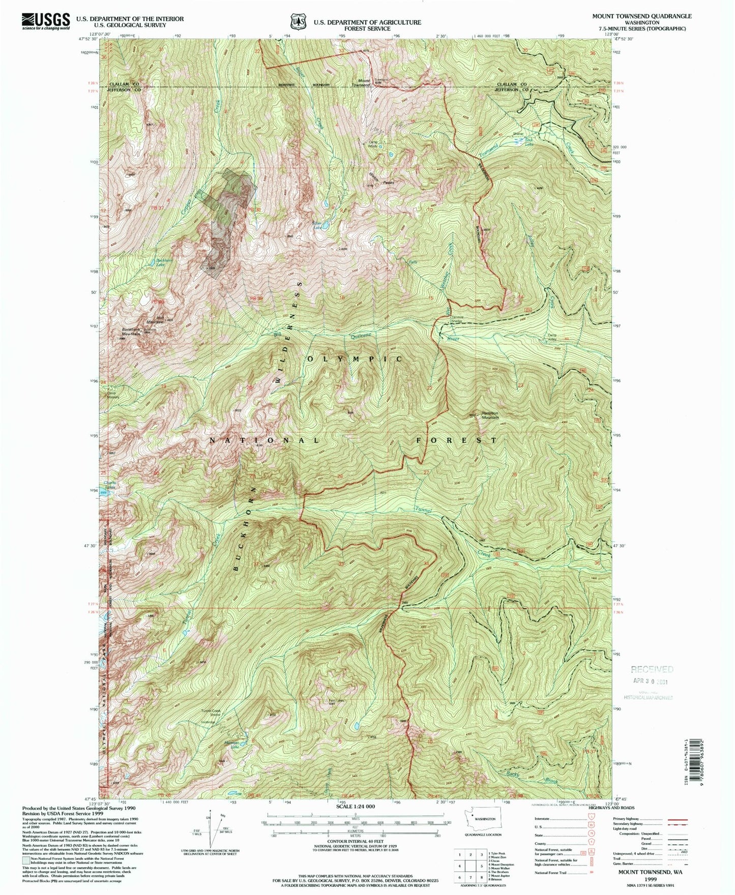 Classic USGS Mount Townsend Washington 7.5'x7.5' Topo Map Image