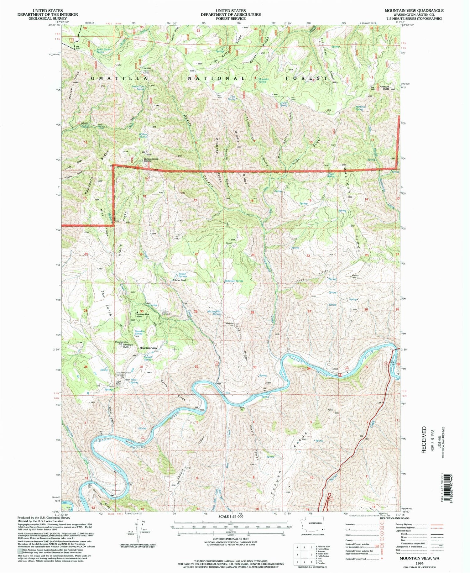 Classic USGS Mountain View Washington 7.5'x7.5' Topo Map Image