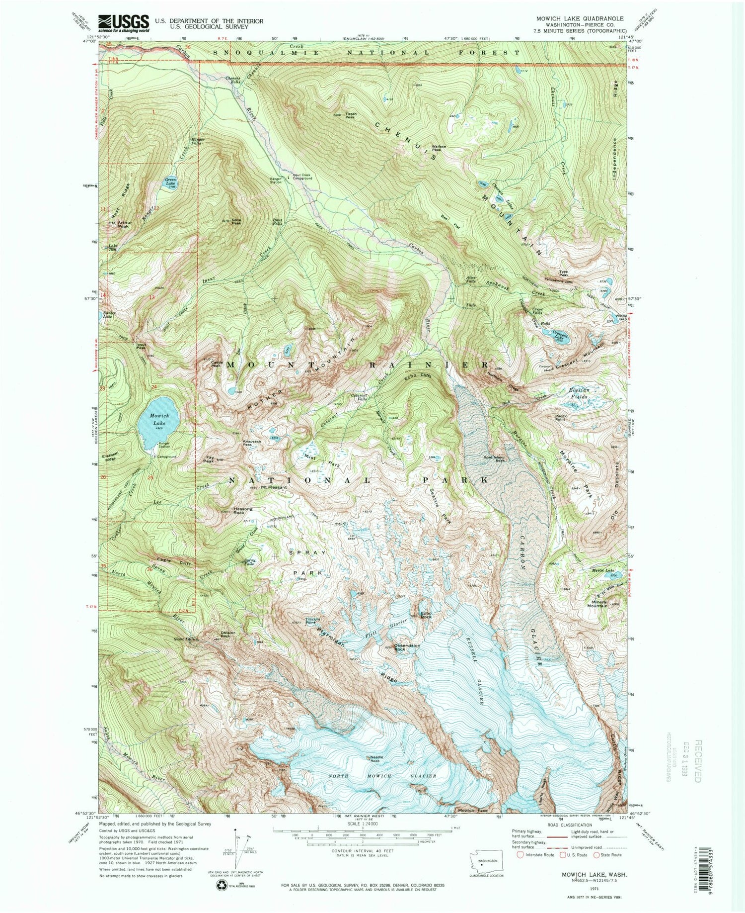 Classic USGS Mowich Lake Washington 7.5'x7.5' Topo Map Image