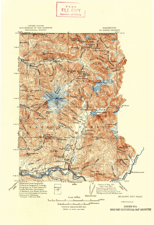 Historic 1915 Mount Baker Washington 30'x30' Topo Map Image