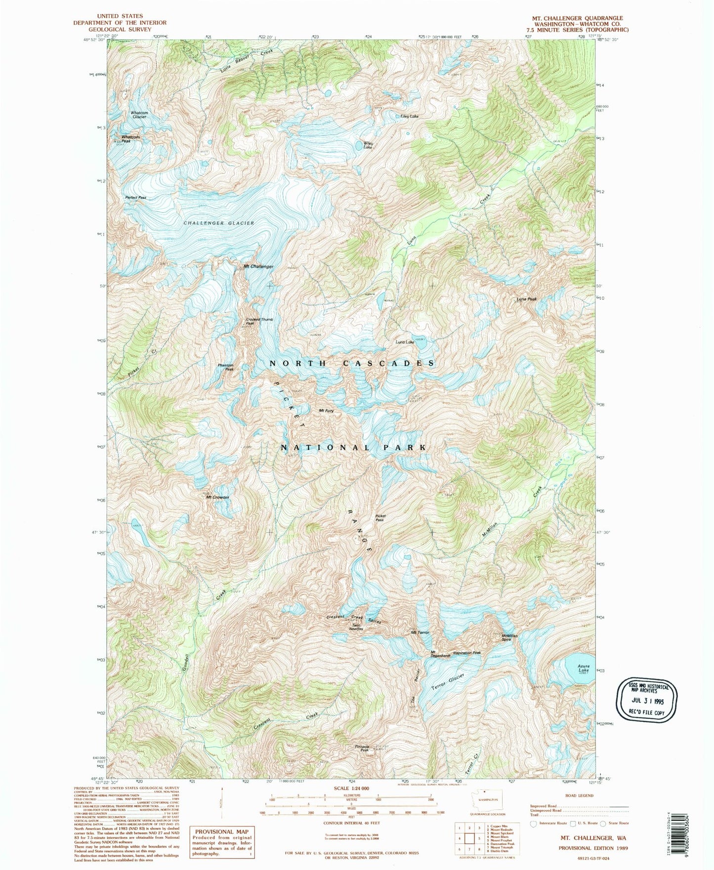 Classic USGS Mount Challenger Washington 7.5'x7.5' Topo Map Image