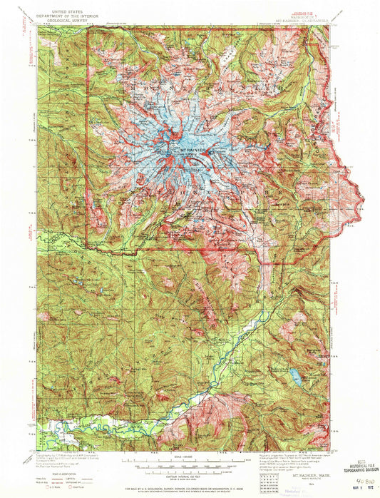 Historic 1924 Mount Rainier Washington 30'x30' Topo Map Image